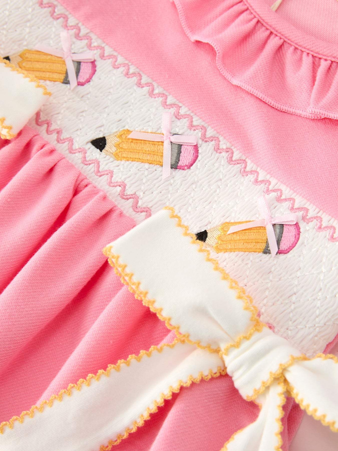 Back To School Embroidery Girls Dress Bow Ruffle Puff Sleeve - side view