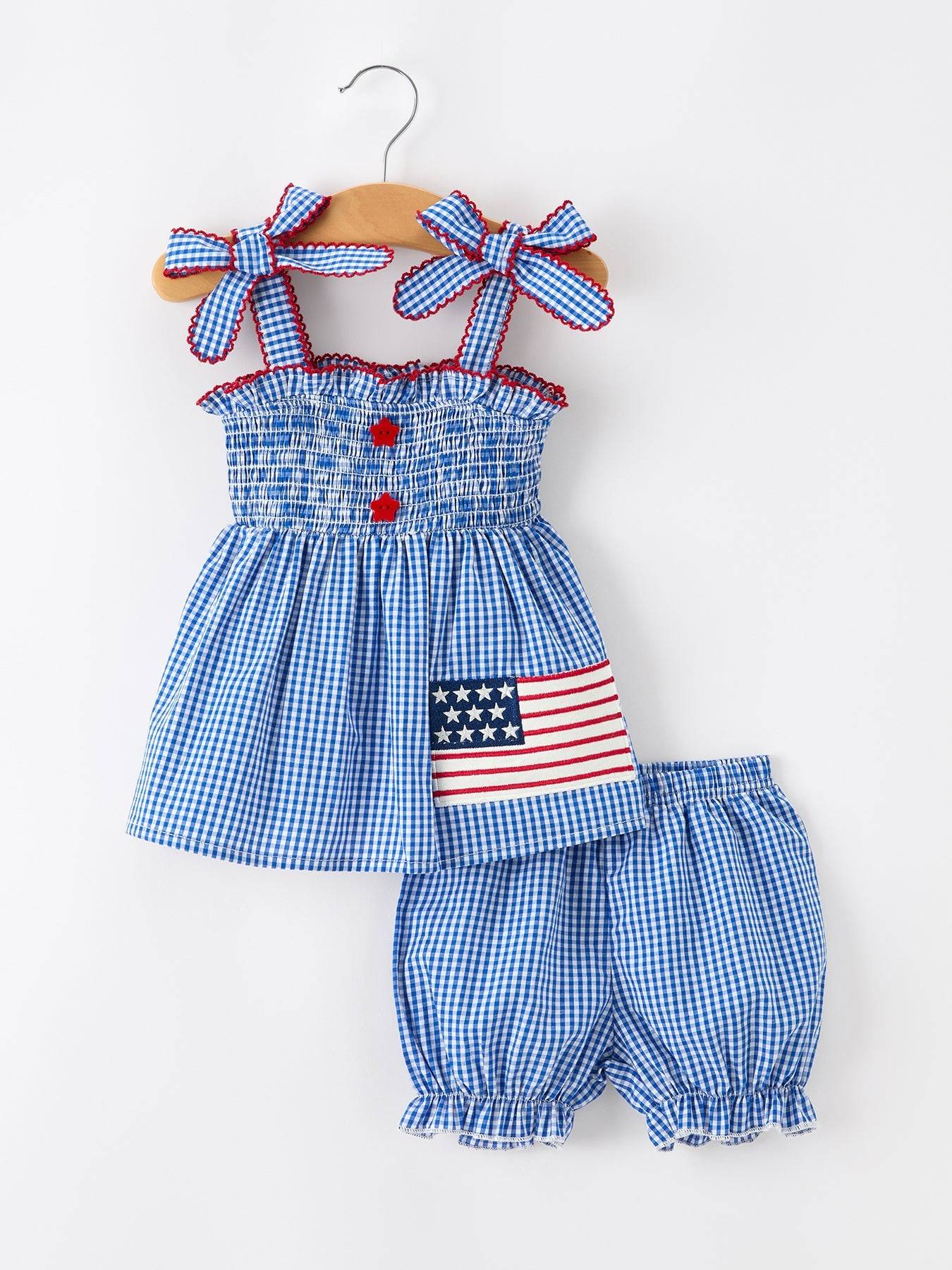4th of July Plaid Girls Set Flag Star Bow Top Shorts Outfit - front view