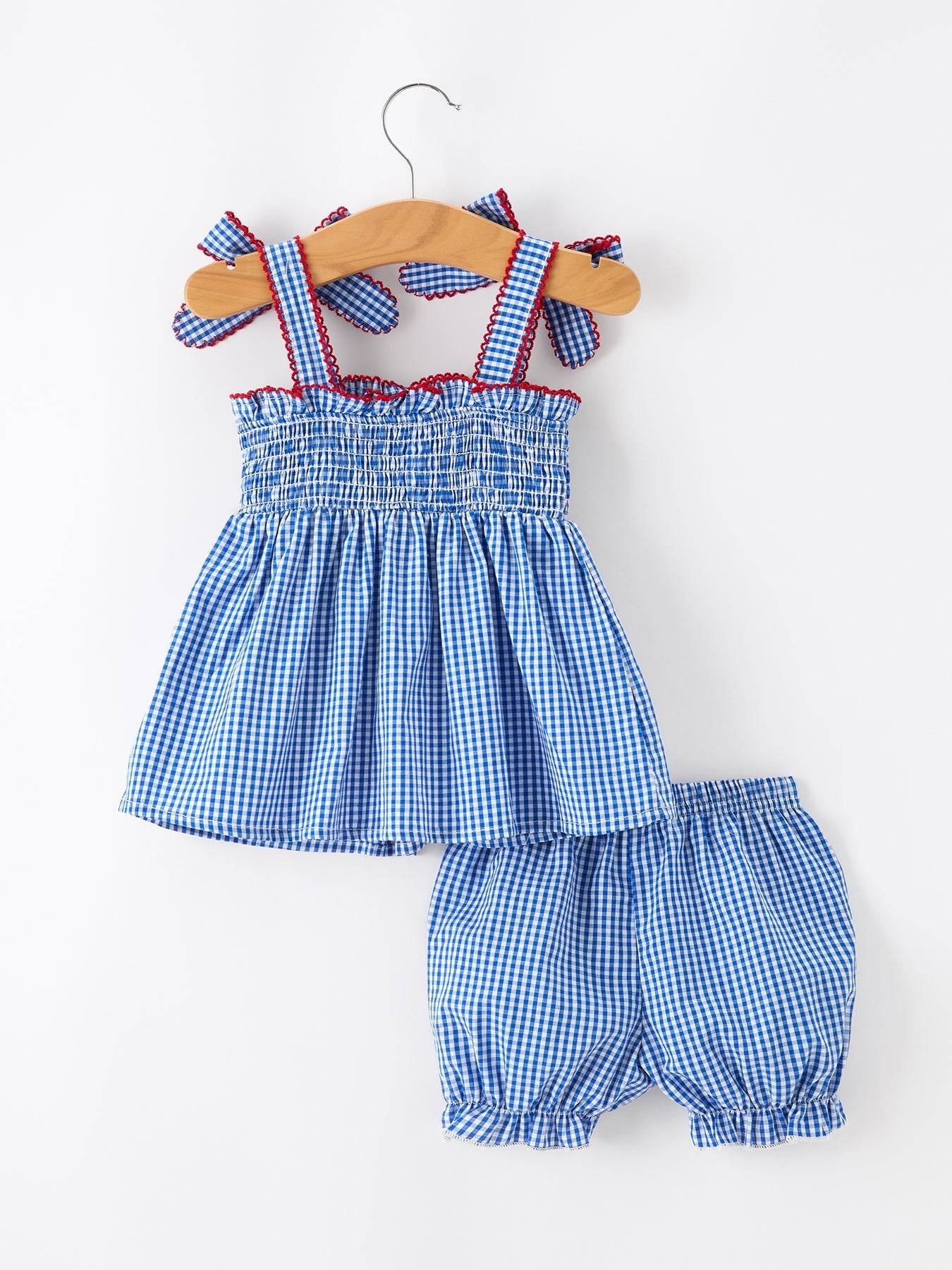 4th of July Plaid Girls Set Flag Star Bow Top Shorts Outfit - detail view