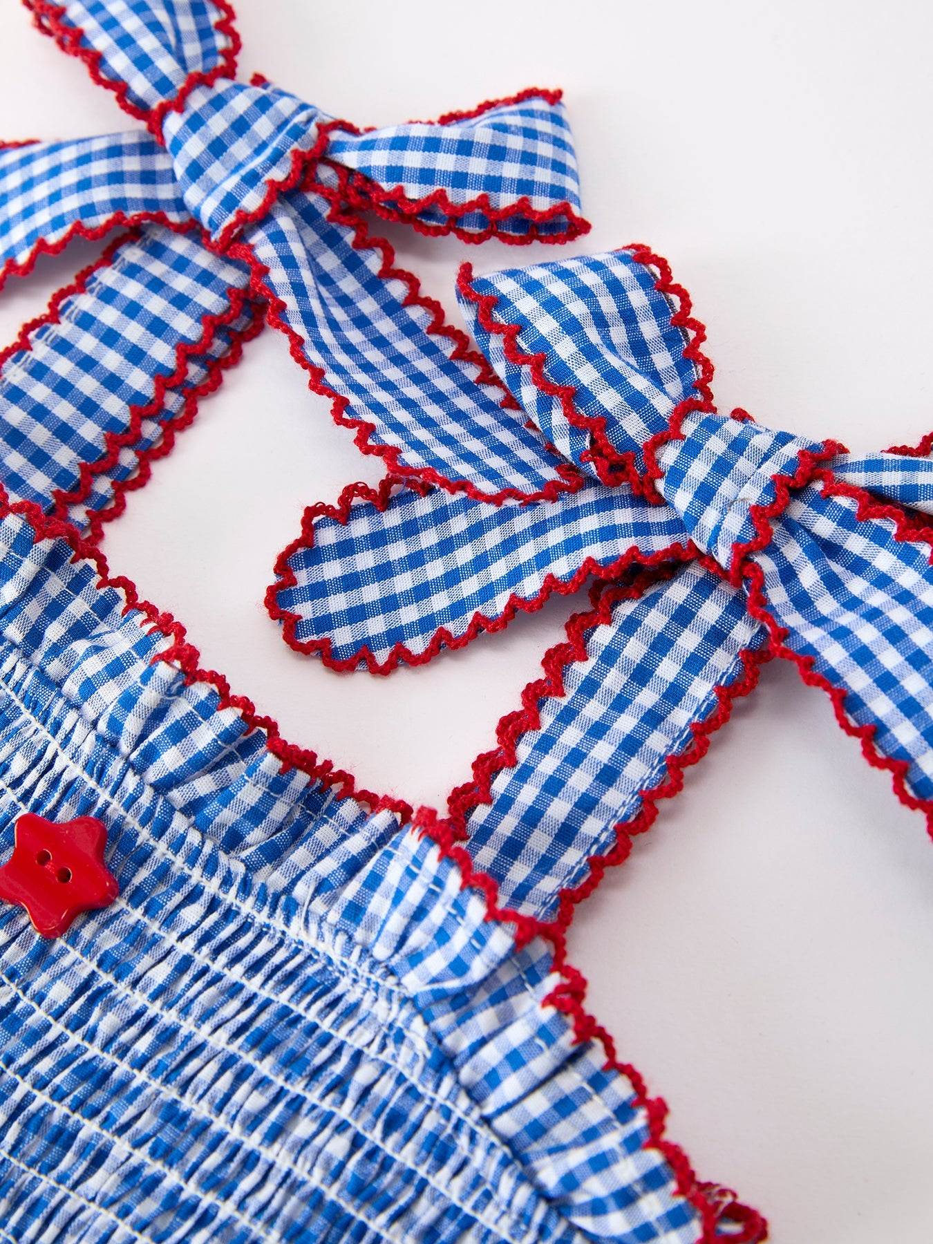 4th of July Plaid Girls Set Flag Star Bow Top Shorts Outfit - back view
