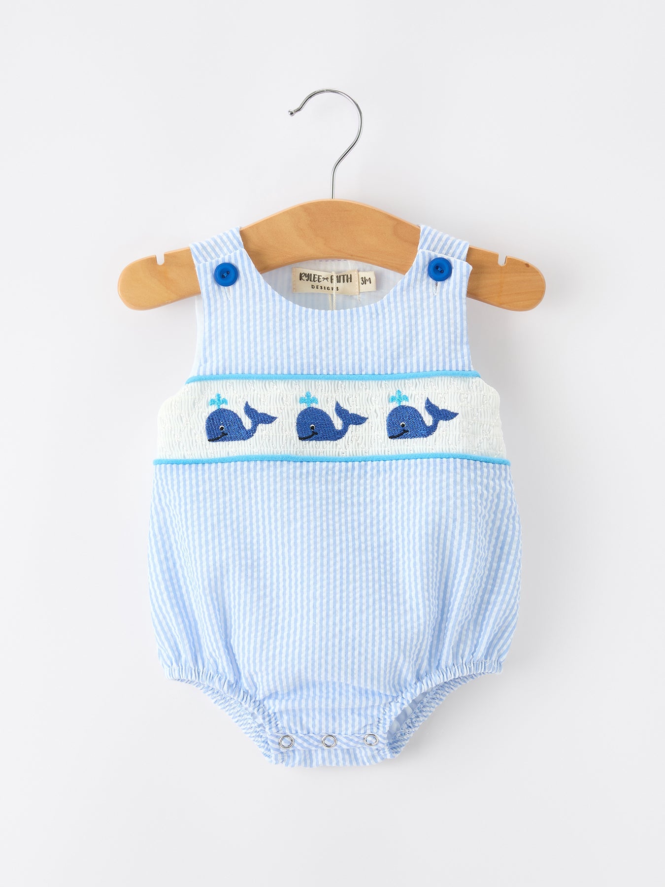 Summer whale embroidery baby boys stripe jon jon romper front view