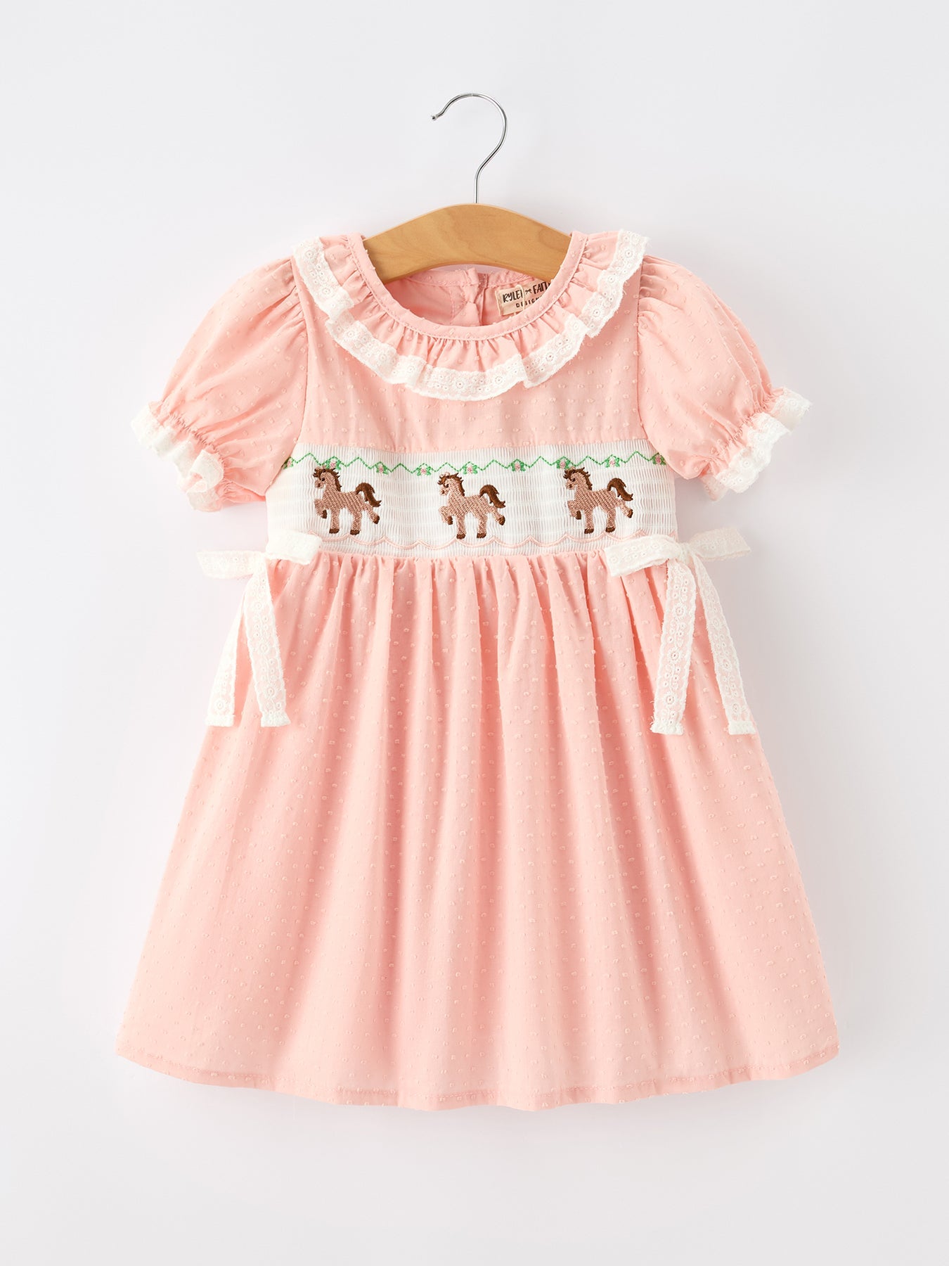 Western horse embroidery girls dress with lace petal collar front view