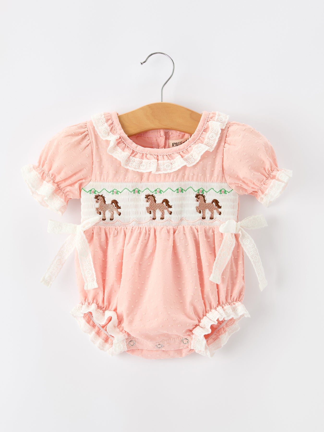 Western horse embroidery girls romper with lace petal collar front view