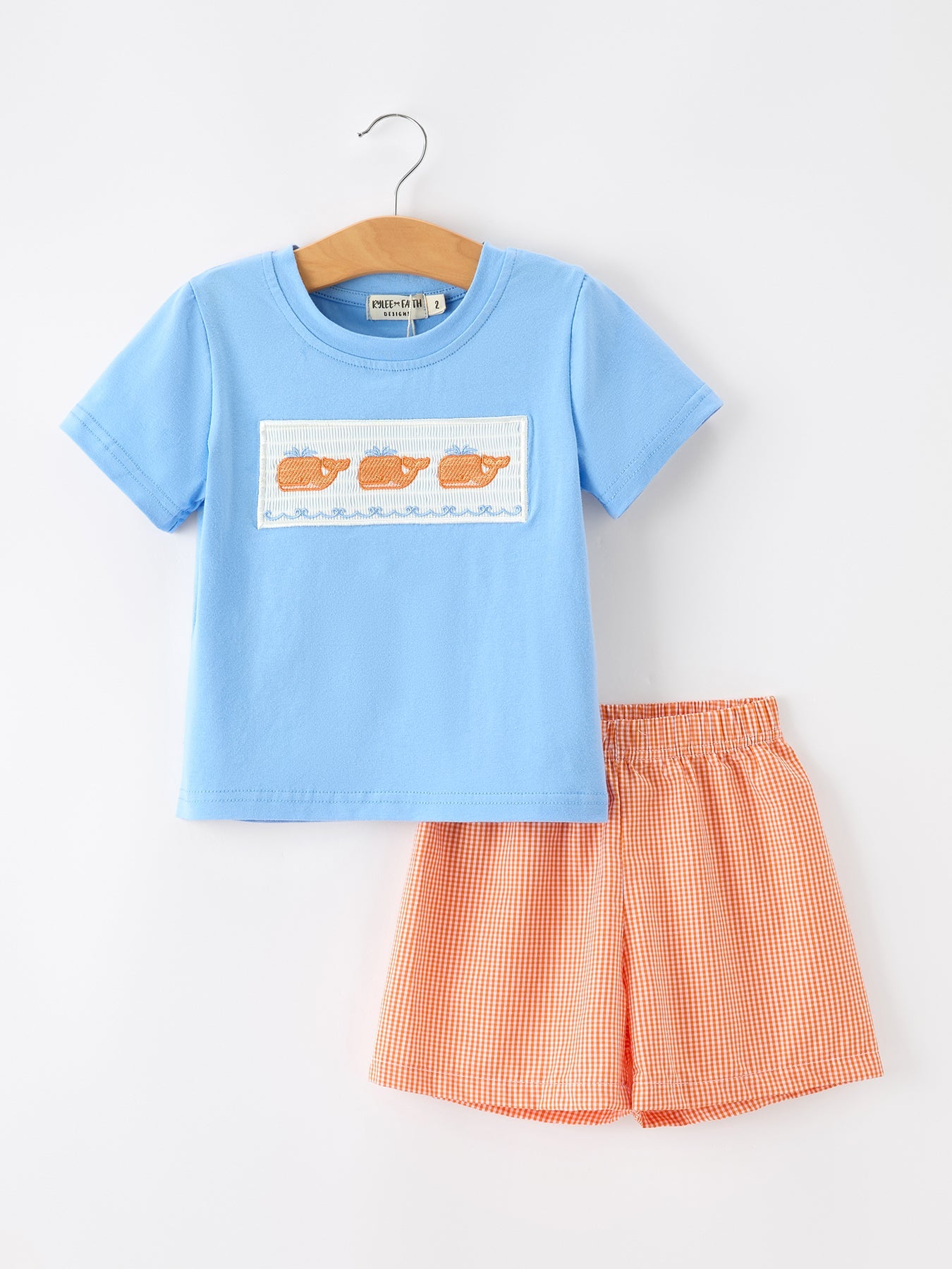 Summer whale embroidery boys T-shirt and plaid shorts outfit front view