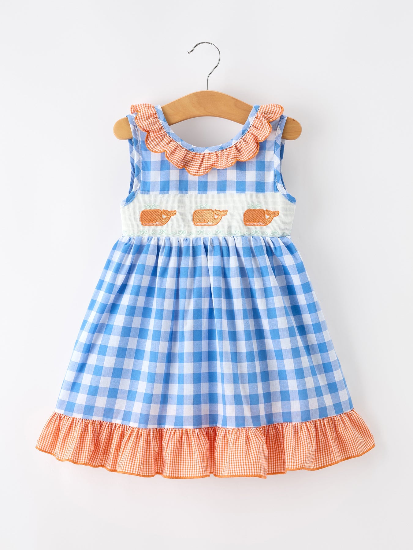 Summer whale embroidery girls dress with plaid ruffle collar front view