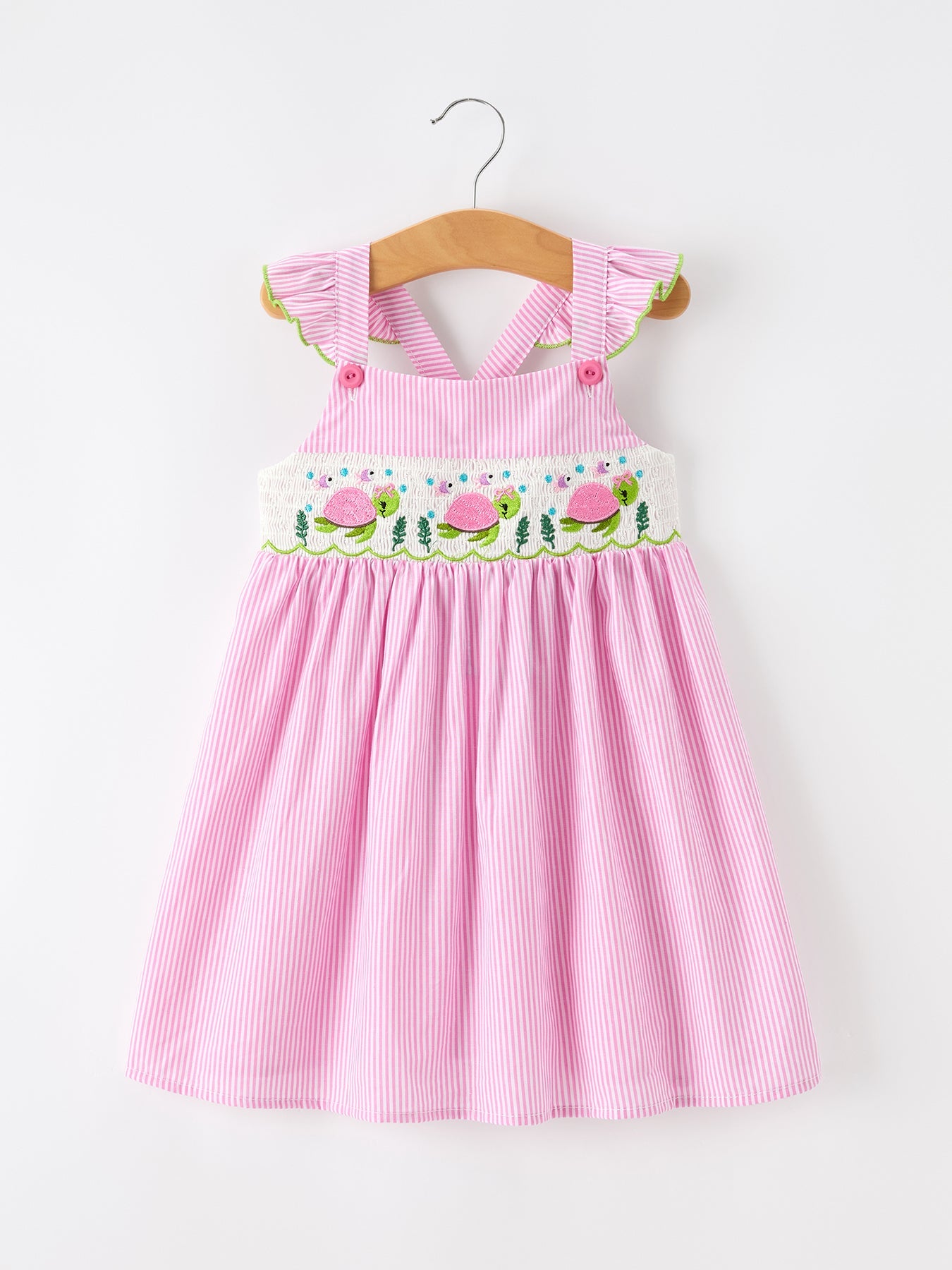 Turtle girls dress in pink stripe with ruffle straps front view