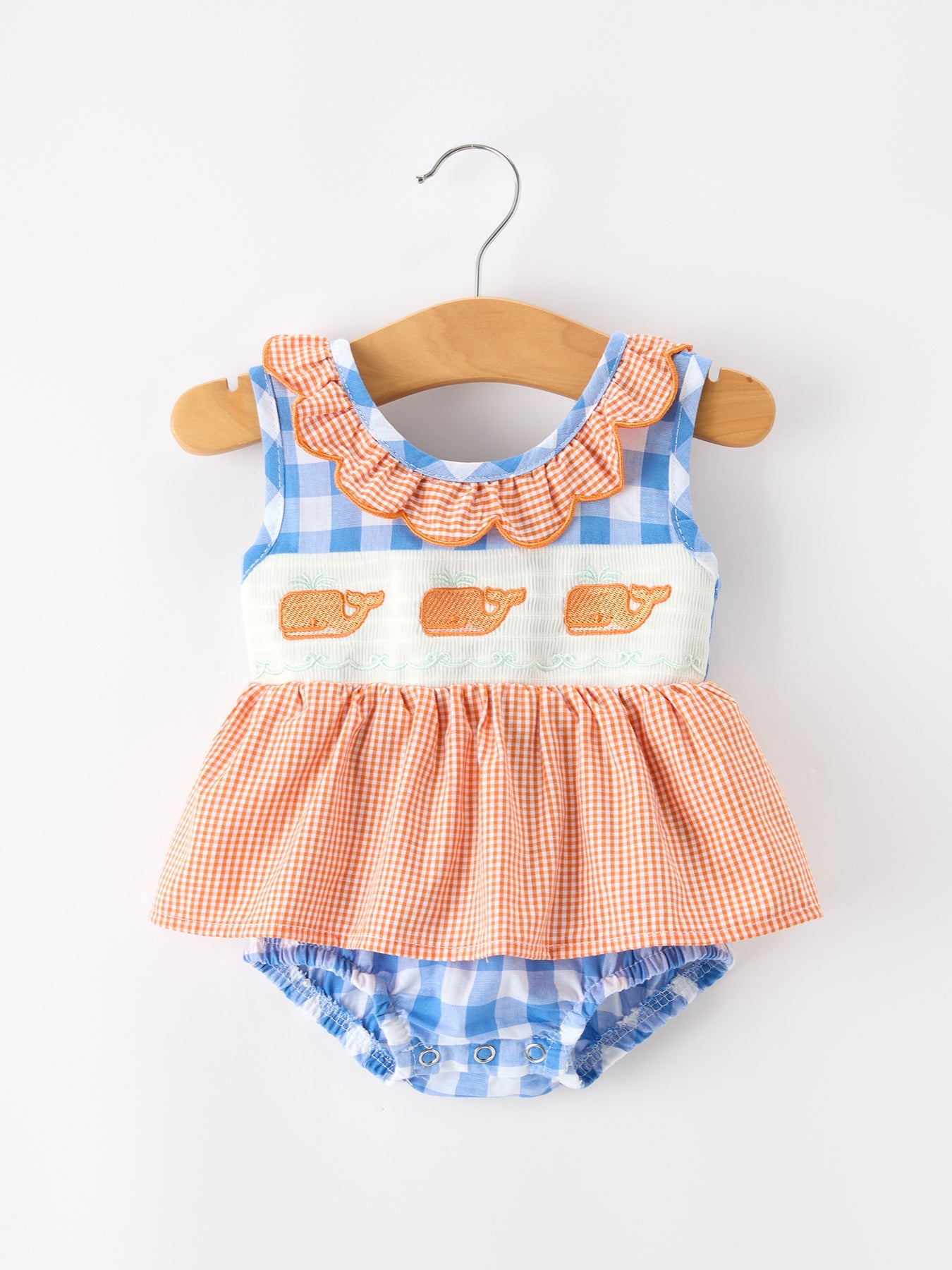 Summer whale embroidery girls romper with plaid ruffle collar front view