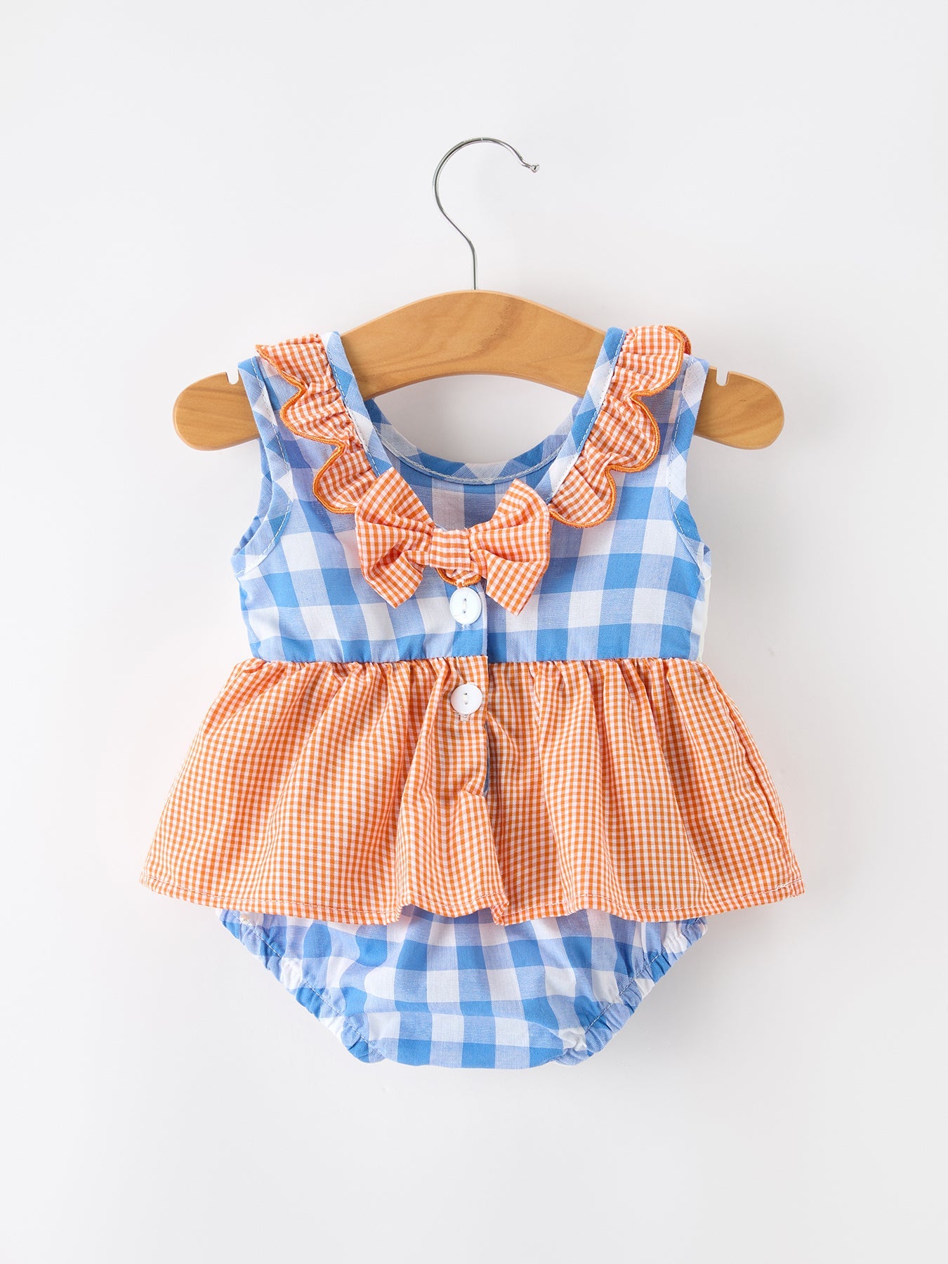 Whale embroidery plaid ruffle collar romper detail view