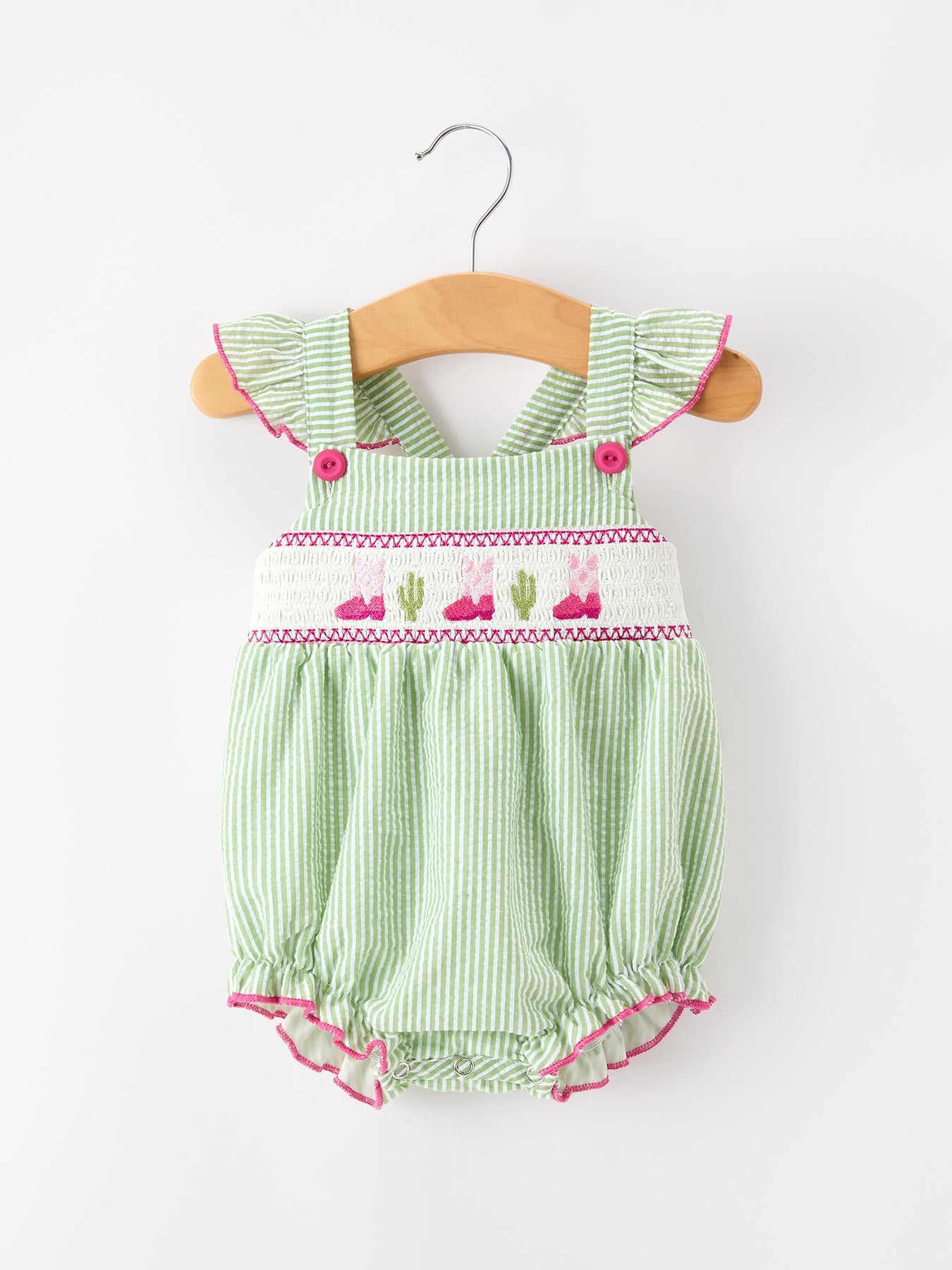 Western boots and cactus girls stripe romper with ruffle straps front view