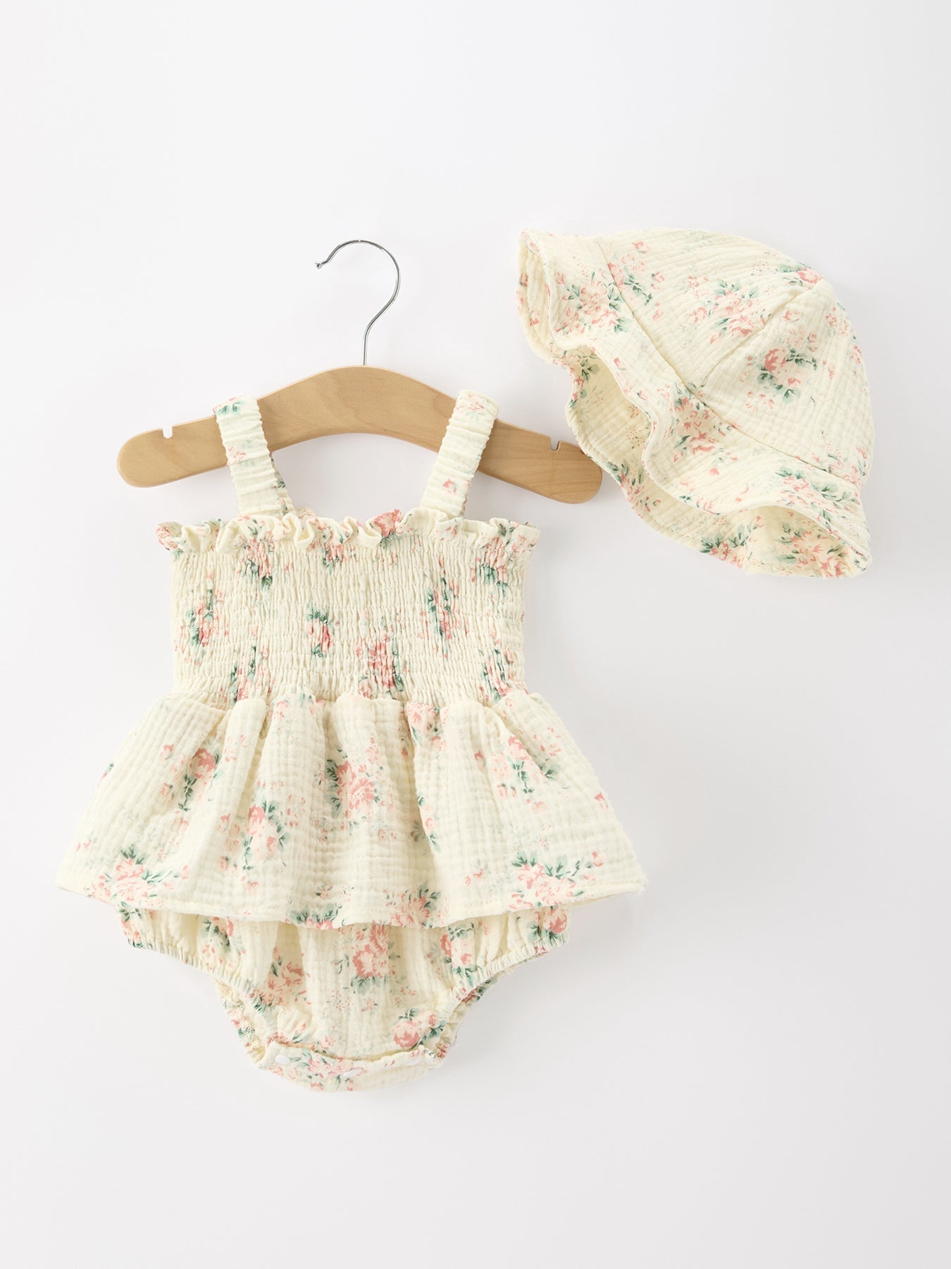 Muslin summer floral print smocked baby girl romper and hat set front view