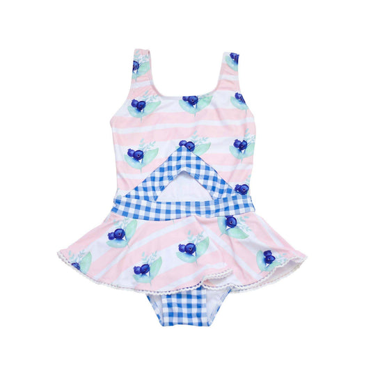 Vintage-inspired one piece swimsuit with blueberry and blue check print.