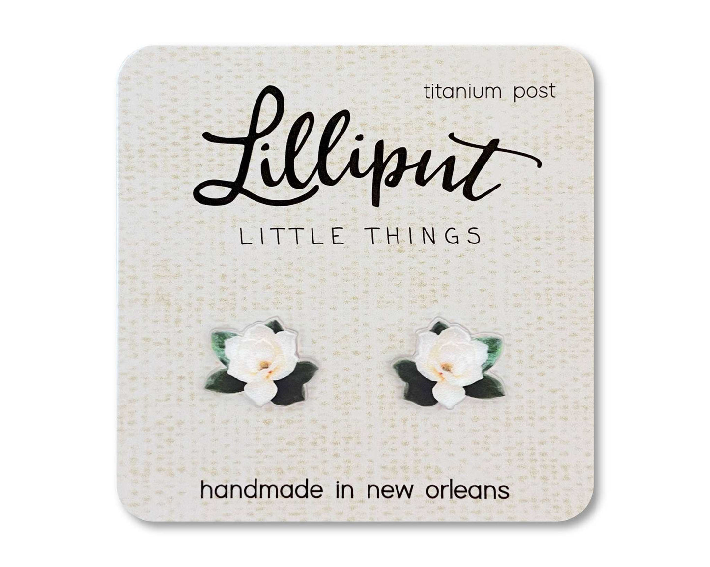 Magnolia earrings with hypoallergenic titanium posts, handmade by Lilliput Little Things.