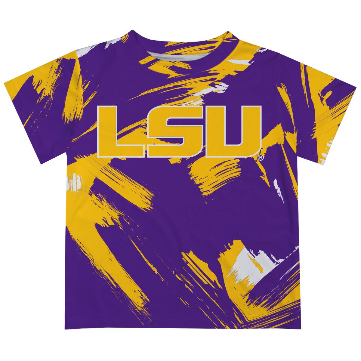 Vive La Fete LSU Tigers purple short sleeve t-shirt with gold paint brush design for kids