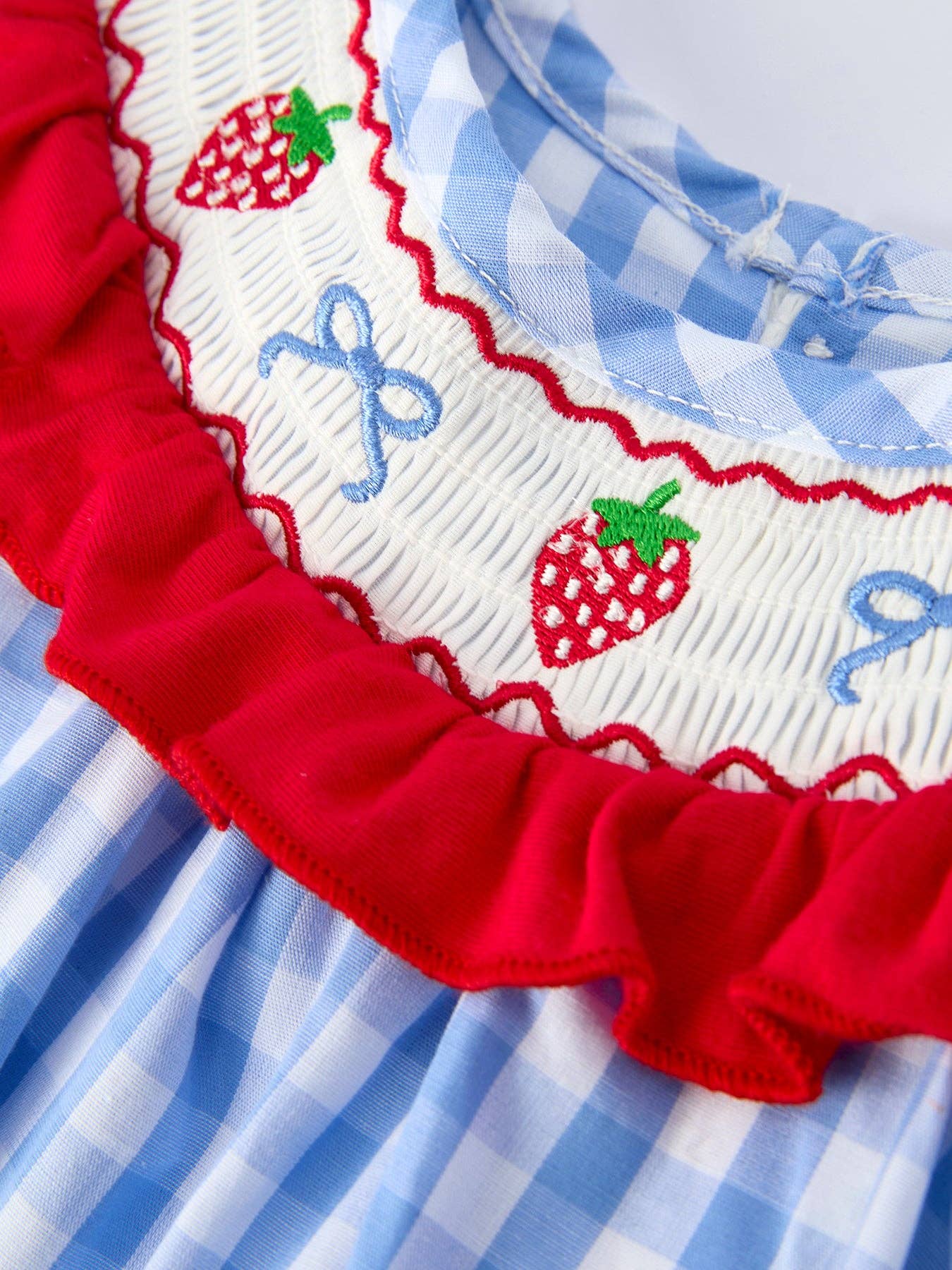 Rylee Faith Designs - Baby Girls Summer Strawberry Bow Embroidered Smocked Romper