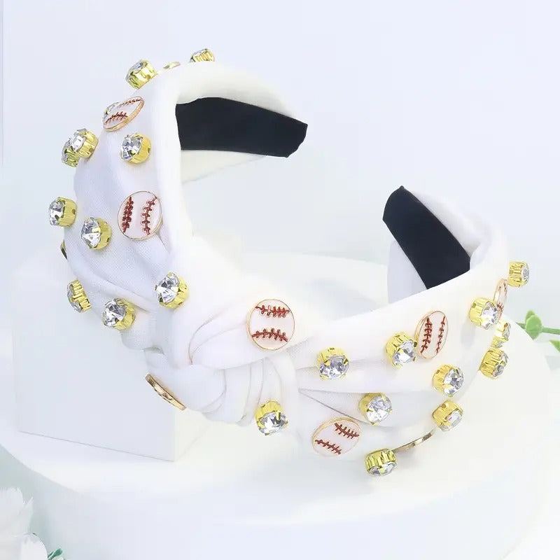 White sporty knotted headband with baseball and rhinestone embellishments