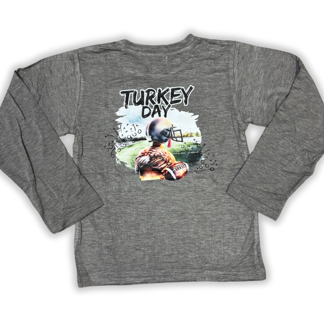 Gray Turkey Day long sleeve kid shirt with football turkey graphic and text design