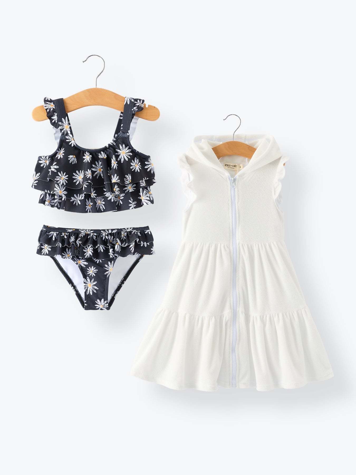 Summer Black Floral Girl Two Piece Swimsuit and Cover-up Set, detail view