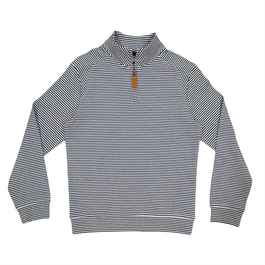 Blue boys pullover with faux leather zipper pull, lightweight and breathable cotton blend.