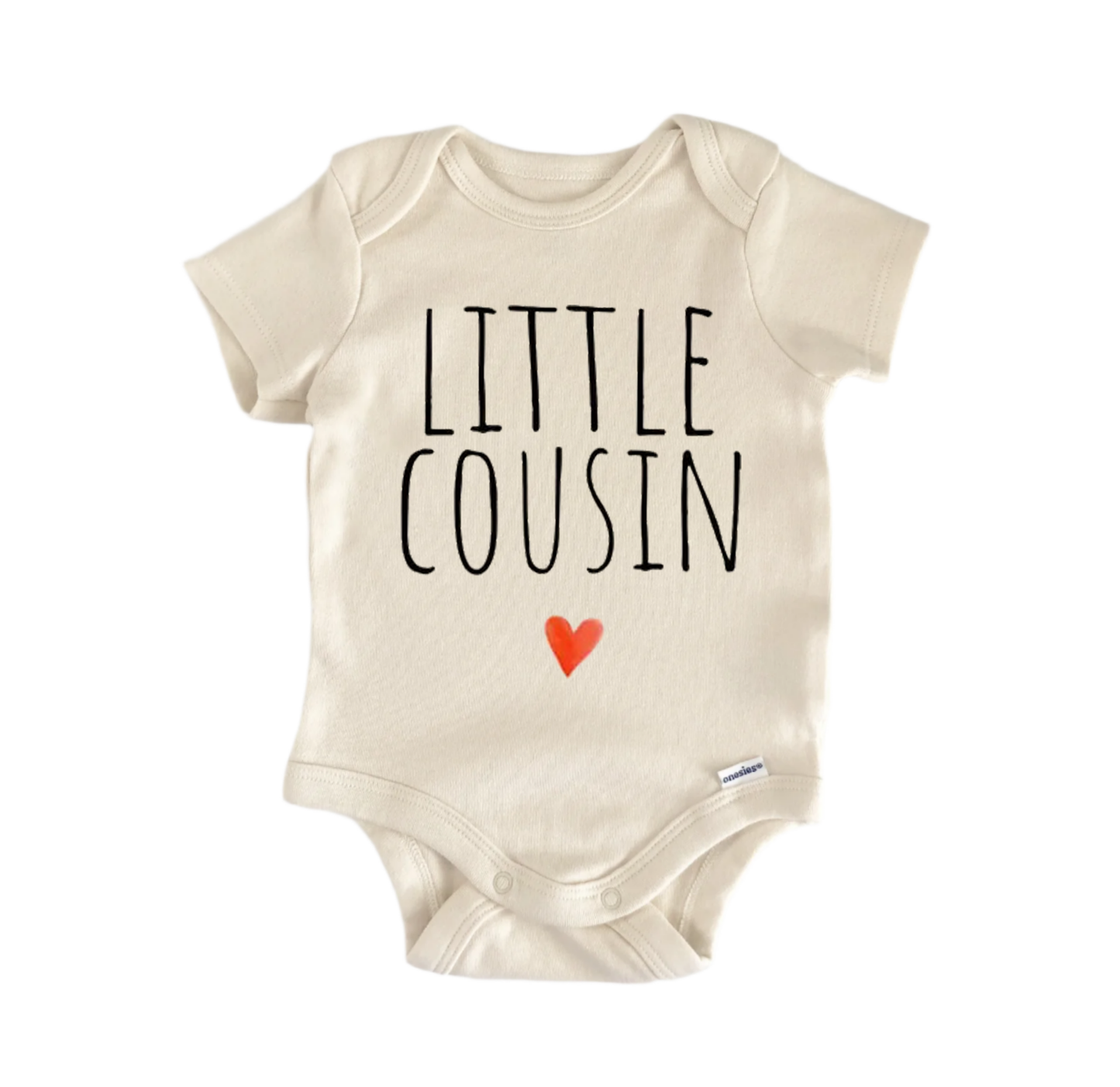 Cousin reveal newborn baby onesie front view