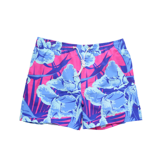 Barrington Shore Trunks MENS with bright fuchsia and blue Hawaiian floral print, elastic waist, and contrast drawstring.