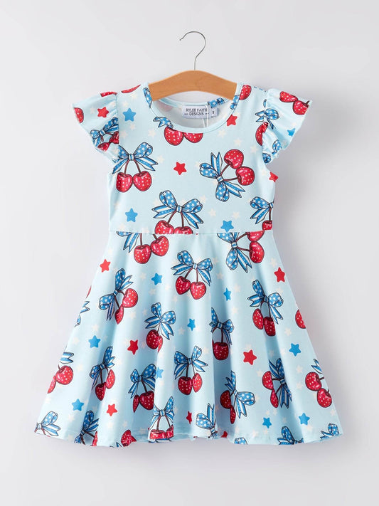 4th of july Bow Cherry Stars Print Girls Dress