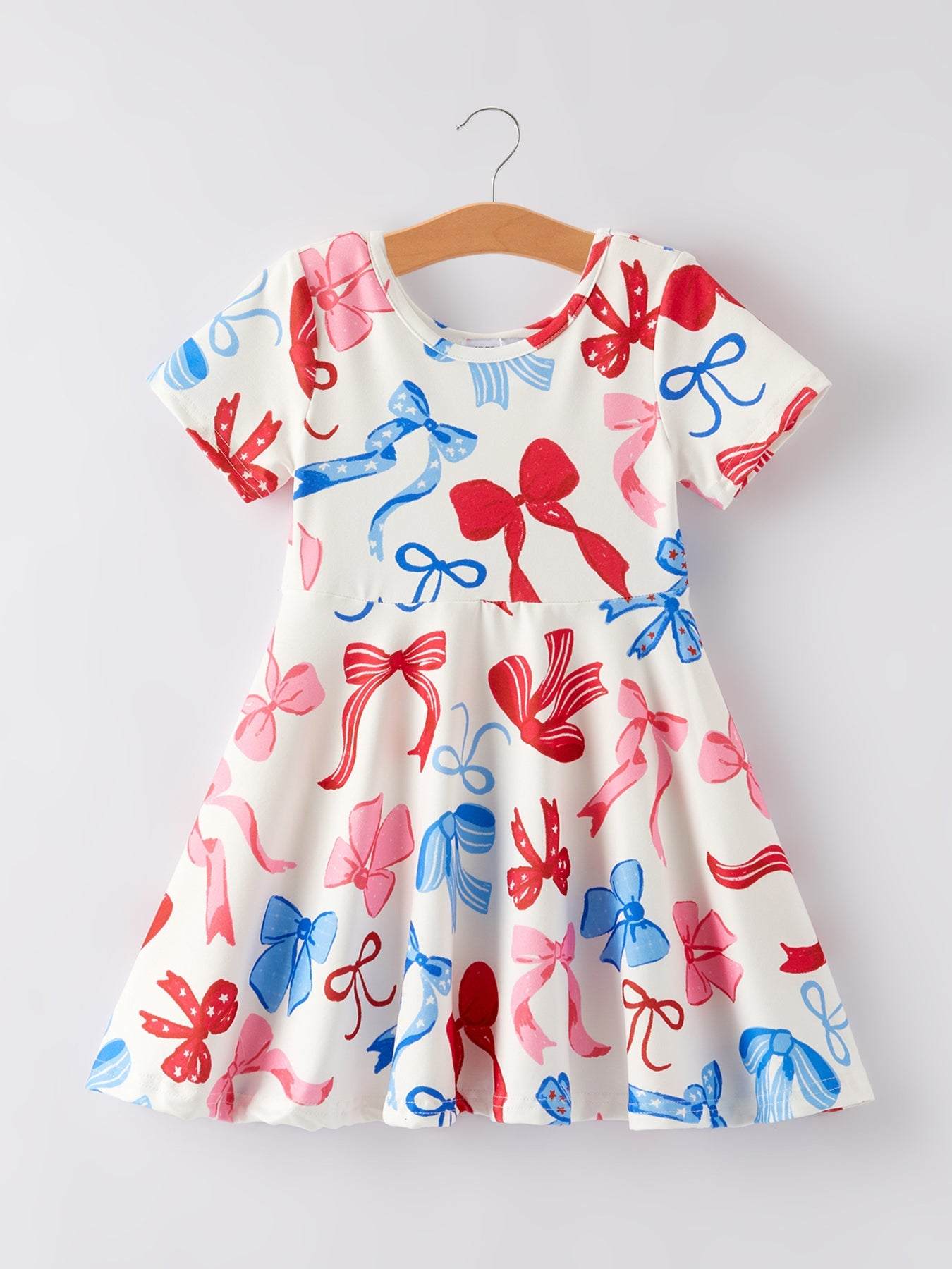 4th of july Color Bow Printed Short Sleeves Dress - front view
