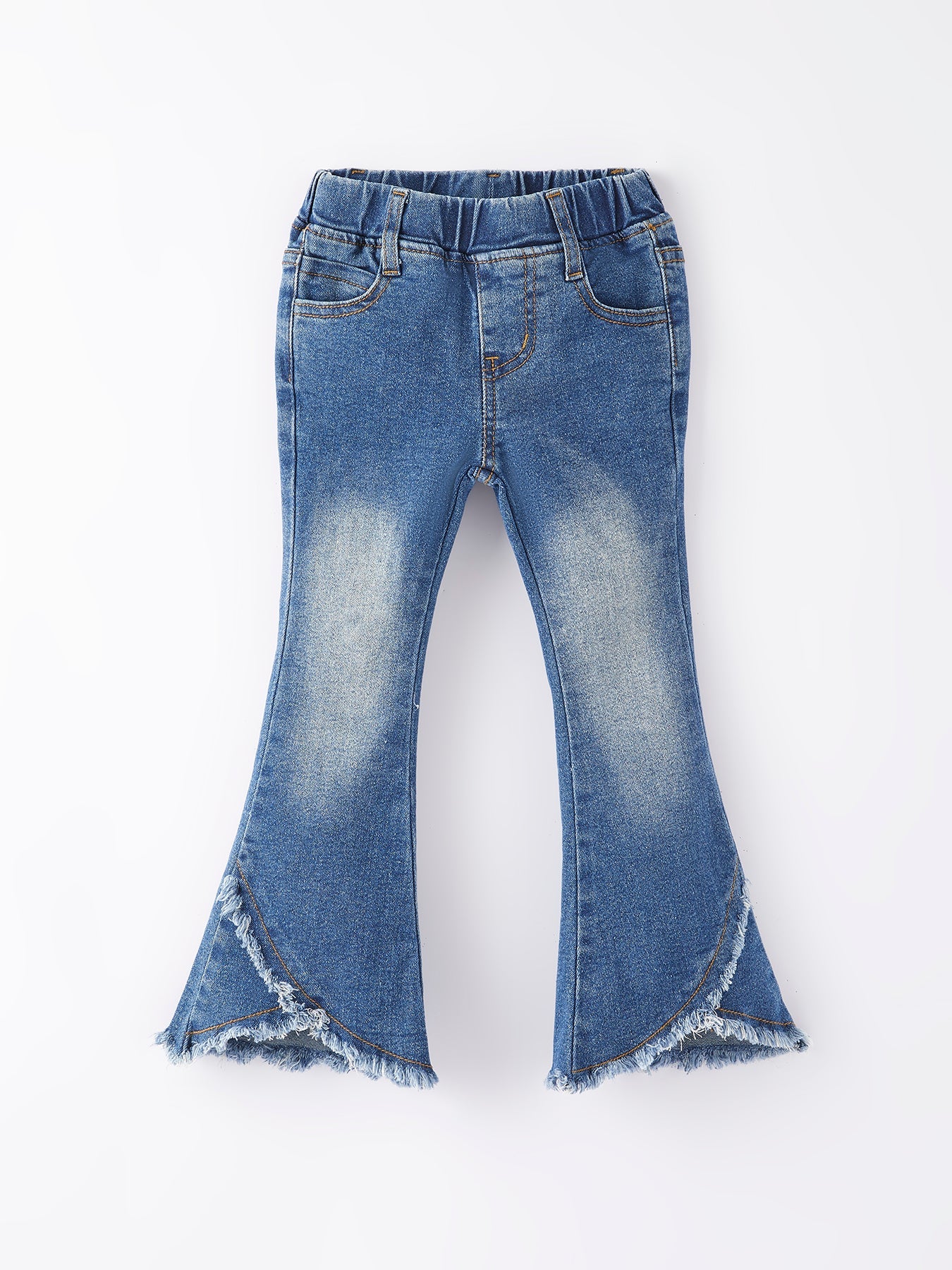 Girls blue denim bell bottom jeans front view