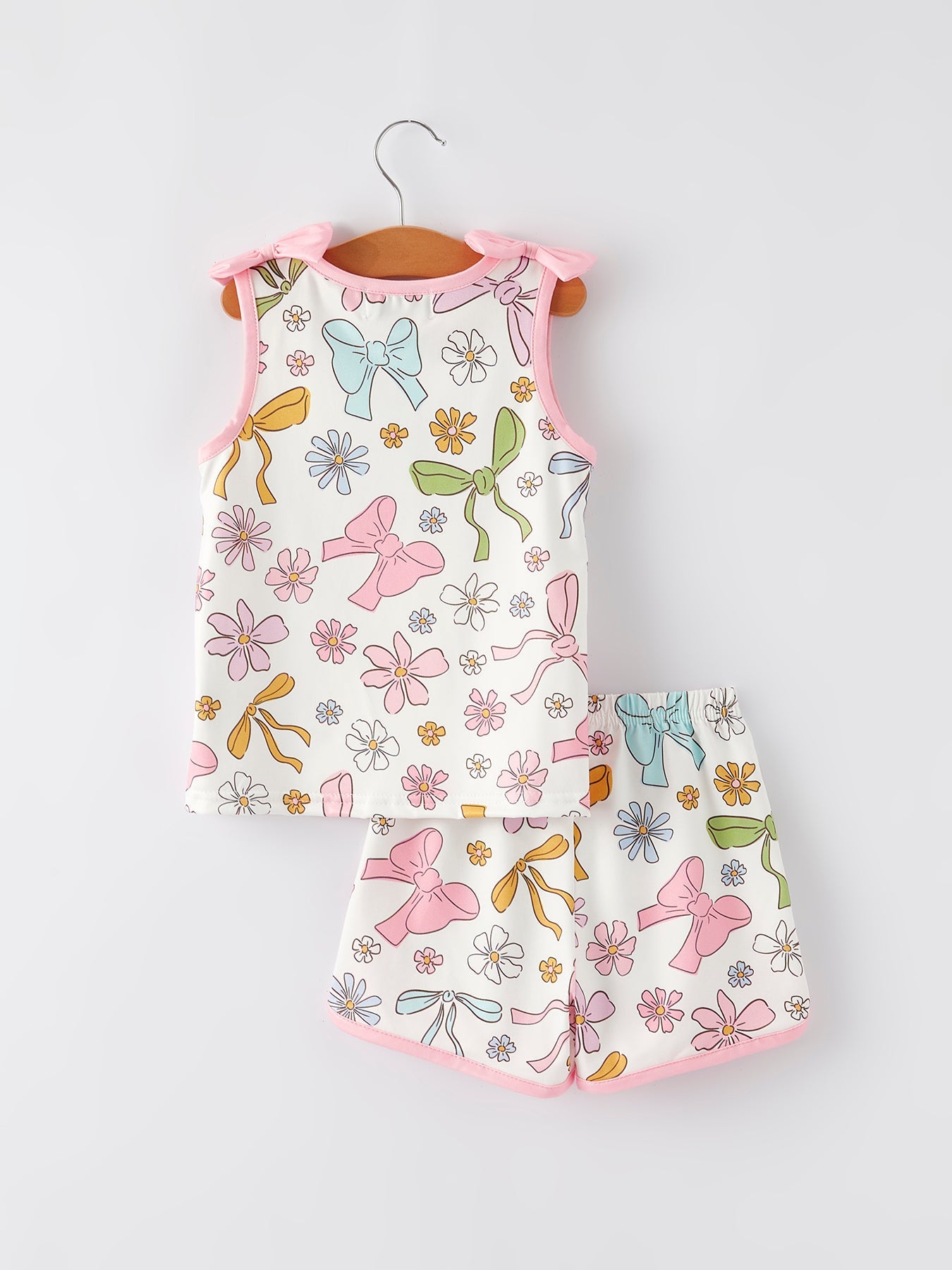 Girls Pink Bow Sleeveless Vest Top and Shorts Set