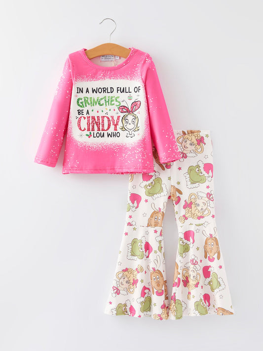 Christmas Girls Cartoon Letter Print Outfit Set