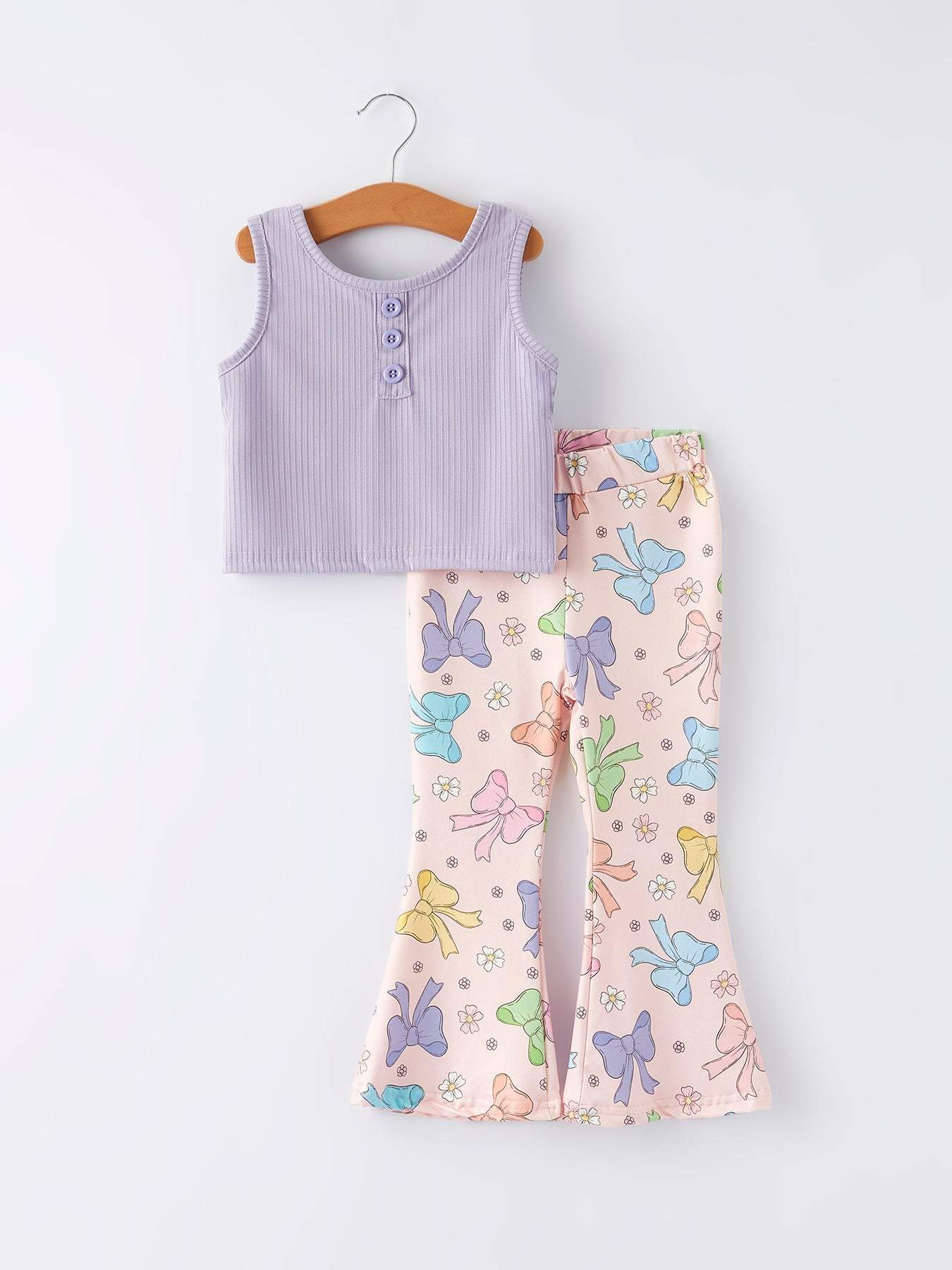 Purple Girls Top Bow Floral Print Bell Bottom Pants Set