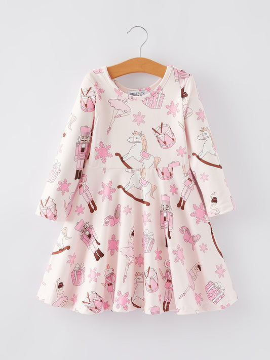 Christmas Character White Horse Print Girls Dress