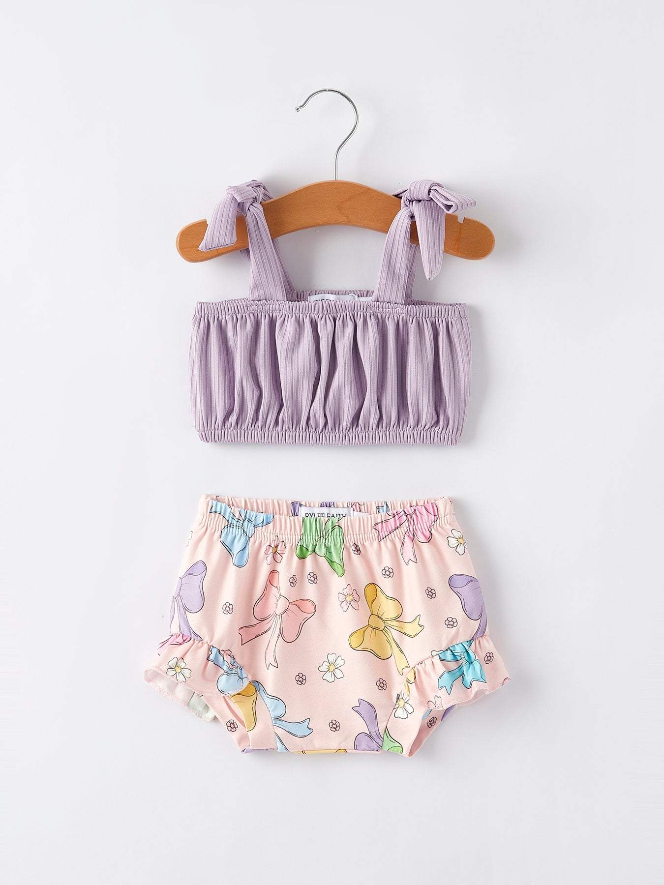 Summer Purple Bow Pleated Suspender Vest And Floral Bloomers Set