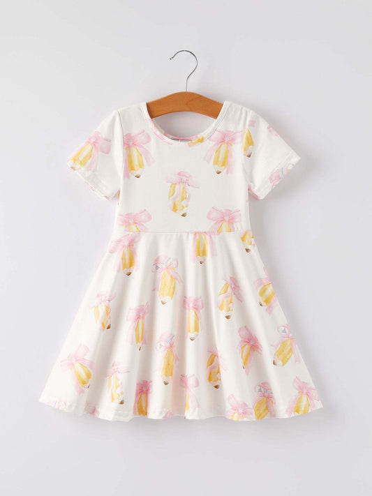 Back to School Bow Pencil Print Girls Dress