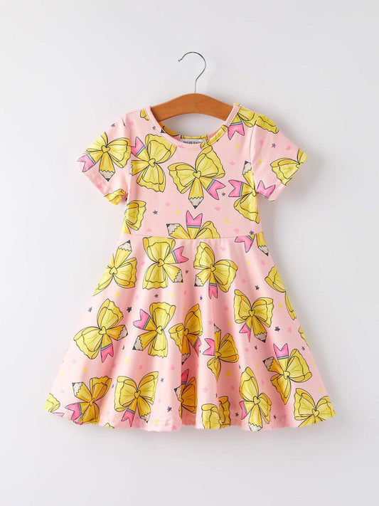 Back to School Yellow Bow Print Girls Dress