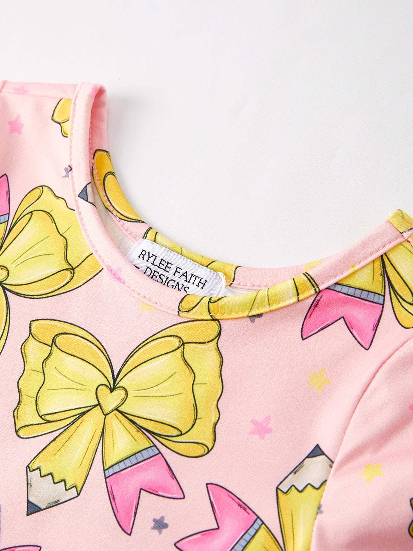 Back to School Yellow Bow Print Girls Dress - print and pattern detail