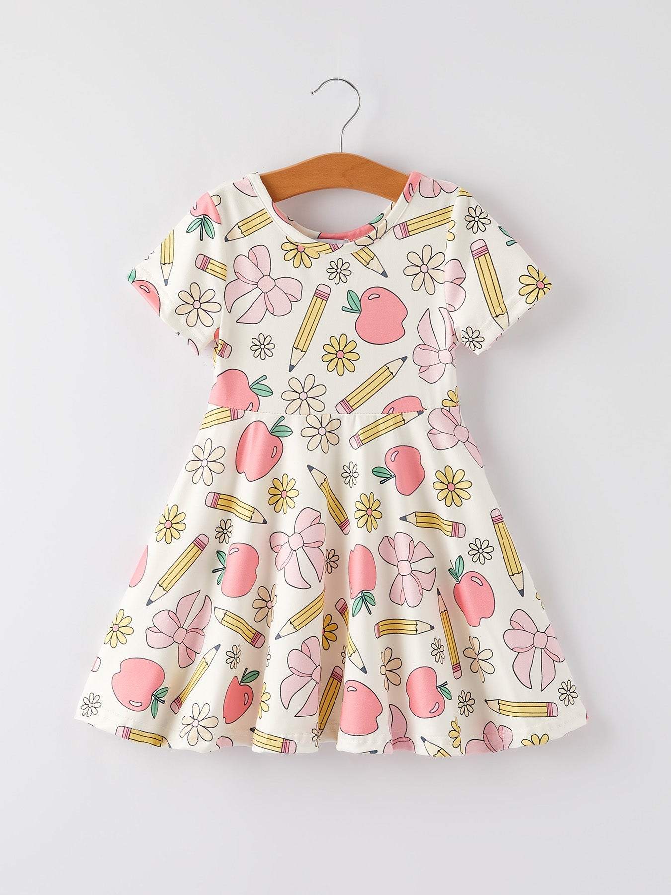 Back to School Apple, Pencil, and Floral Print Girls Dress