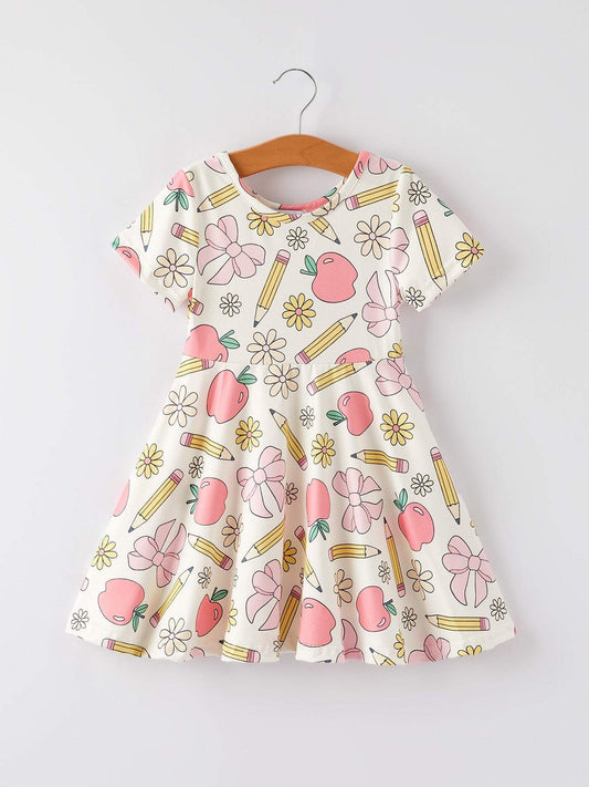 Back to School Apple, Pencil, and Floral Print Girls Dress