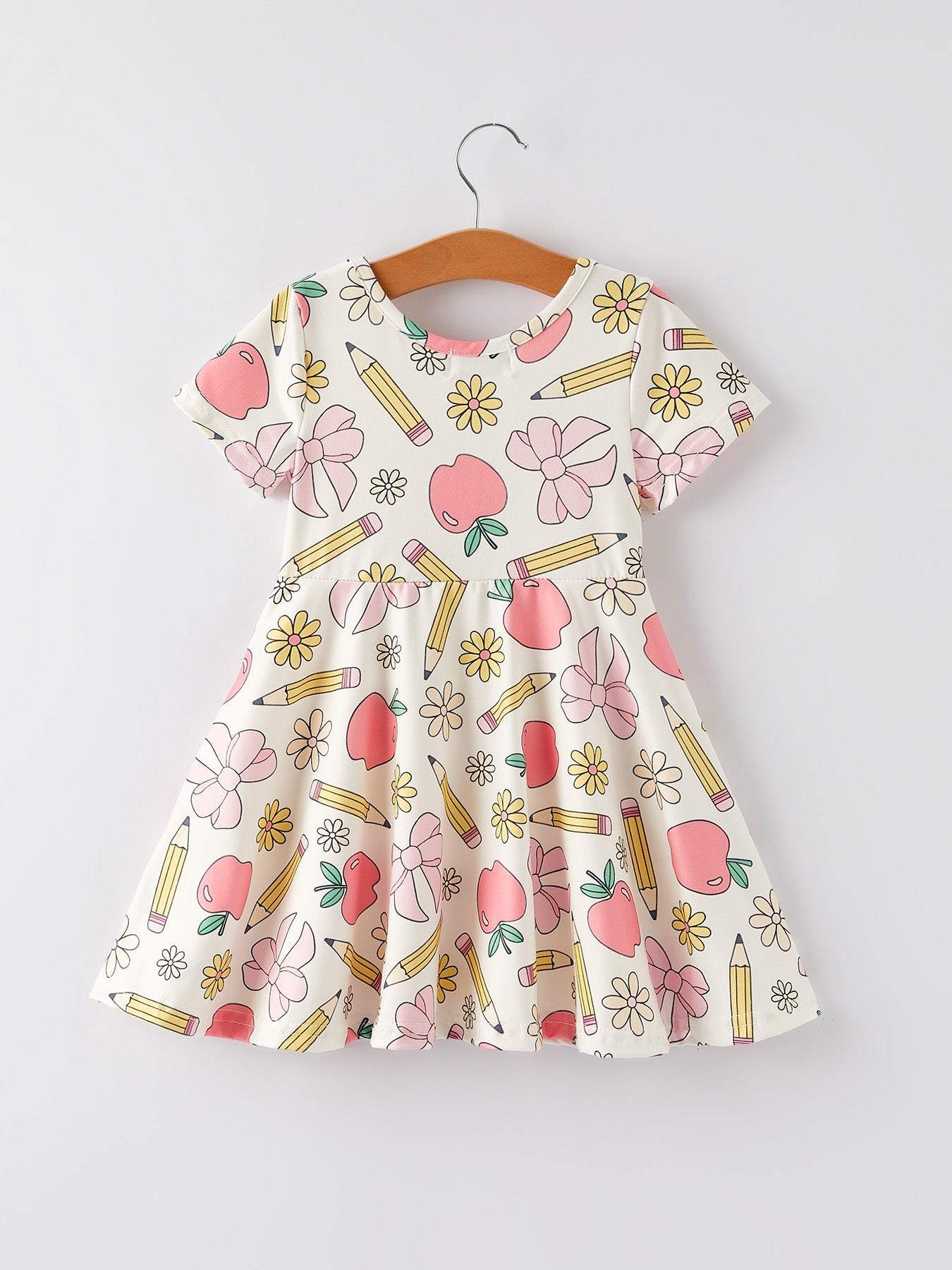 Back to School Apple, Pencil, and Floral Print Girls Dress
