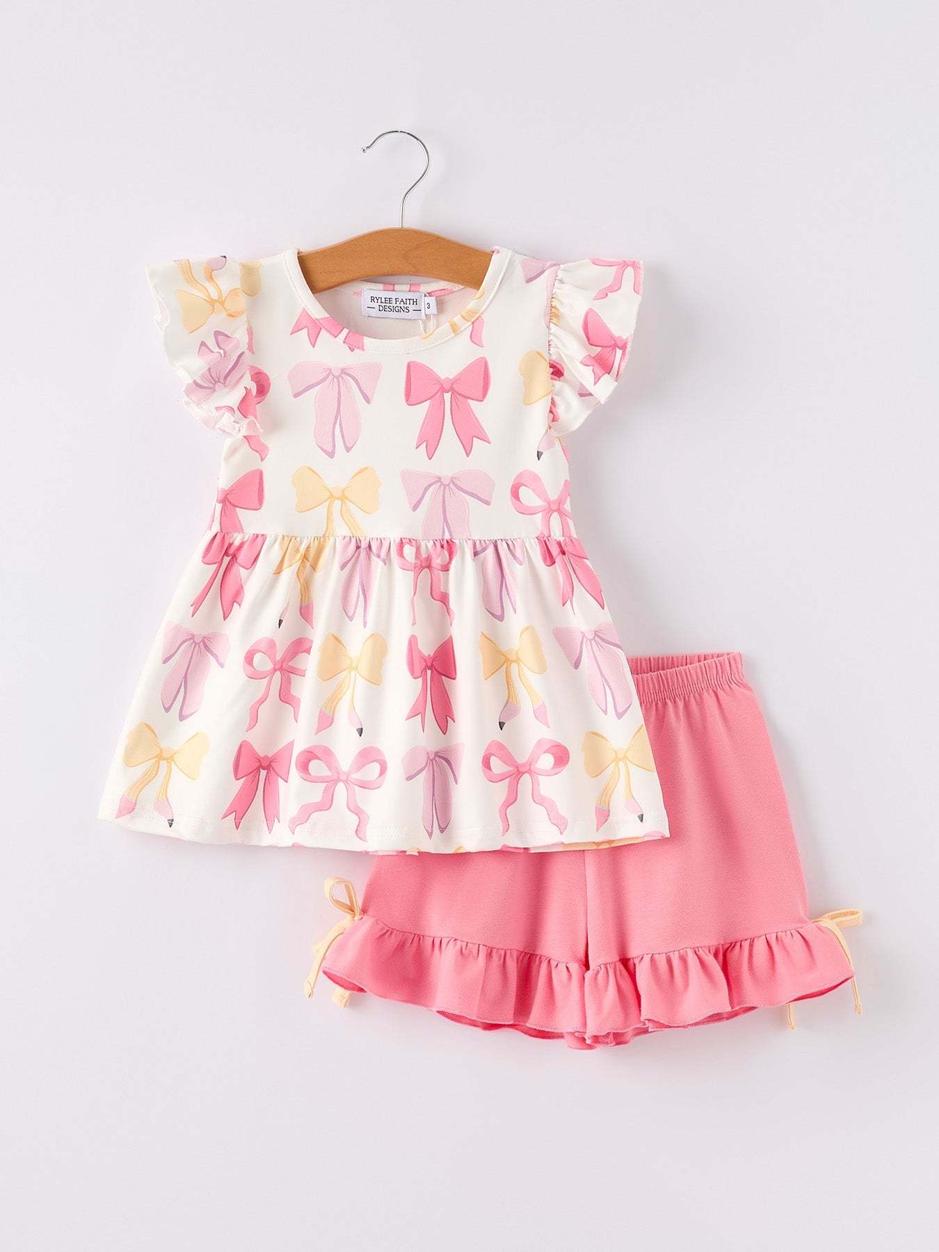 BACK TO SCHOOL Girl's Summer Bow Short Sleeve Shorts Set Outfit - front view