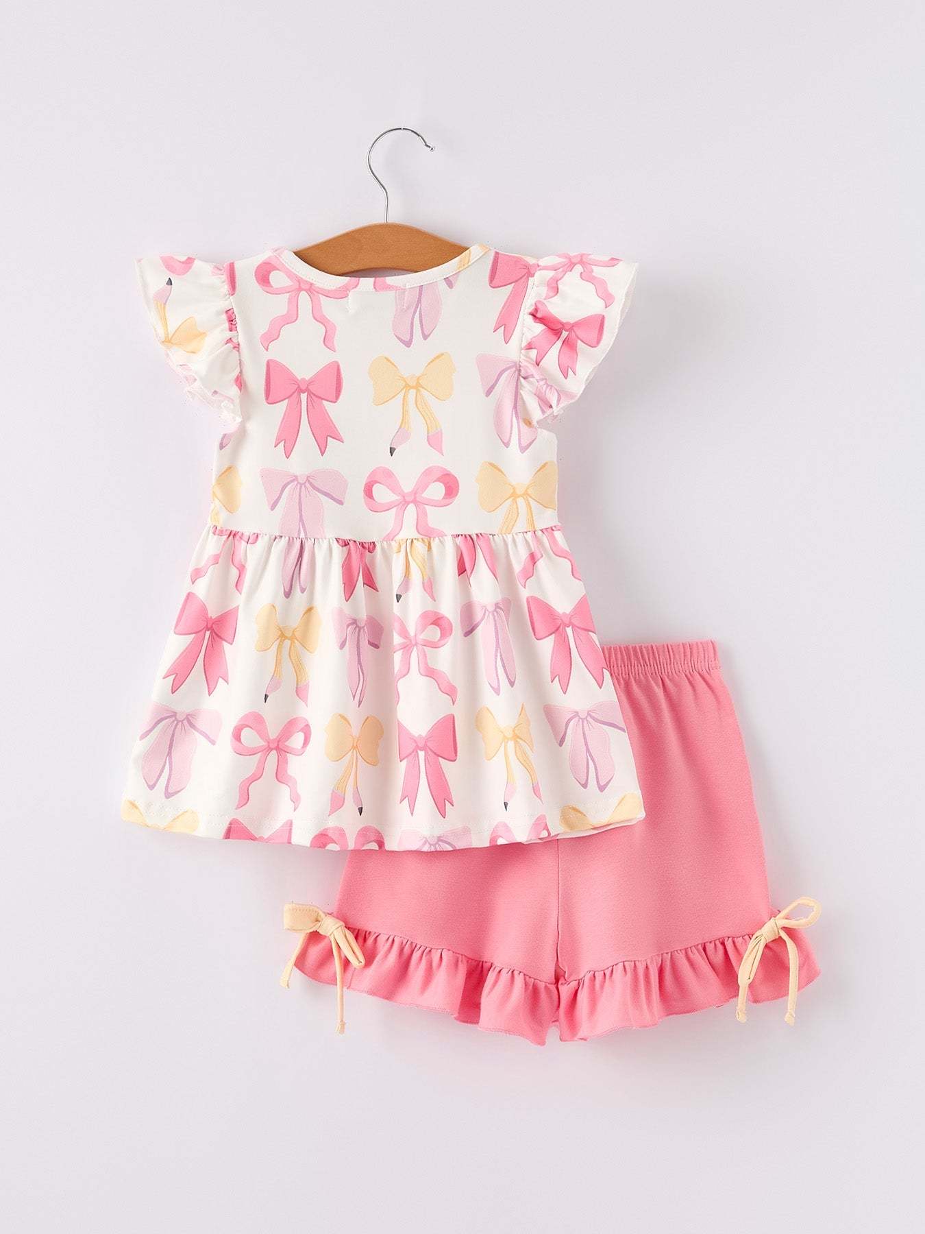 BACK TO SCHOOL Girl's Summer Bow Short Sleeve Shorts Set Outfit - detail view
