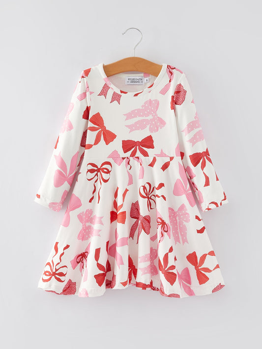 Spring and Summer Girls' Pink Bow Print Dress