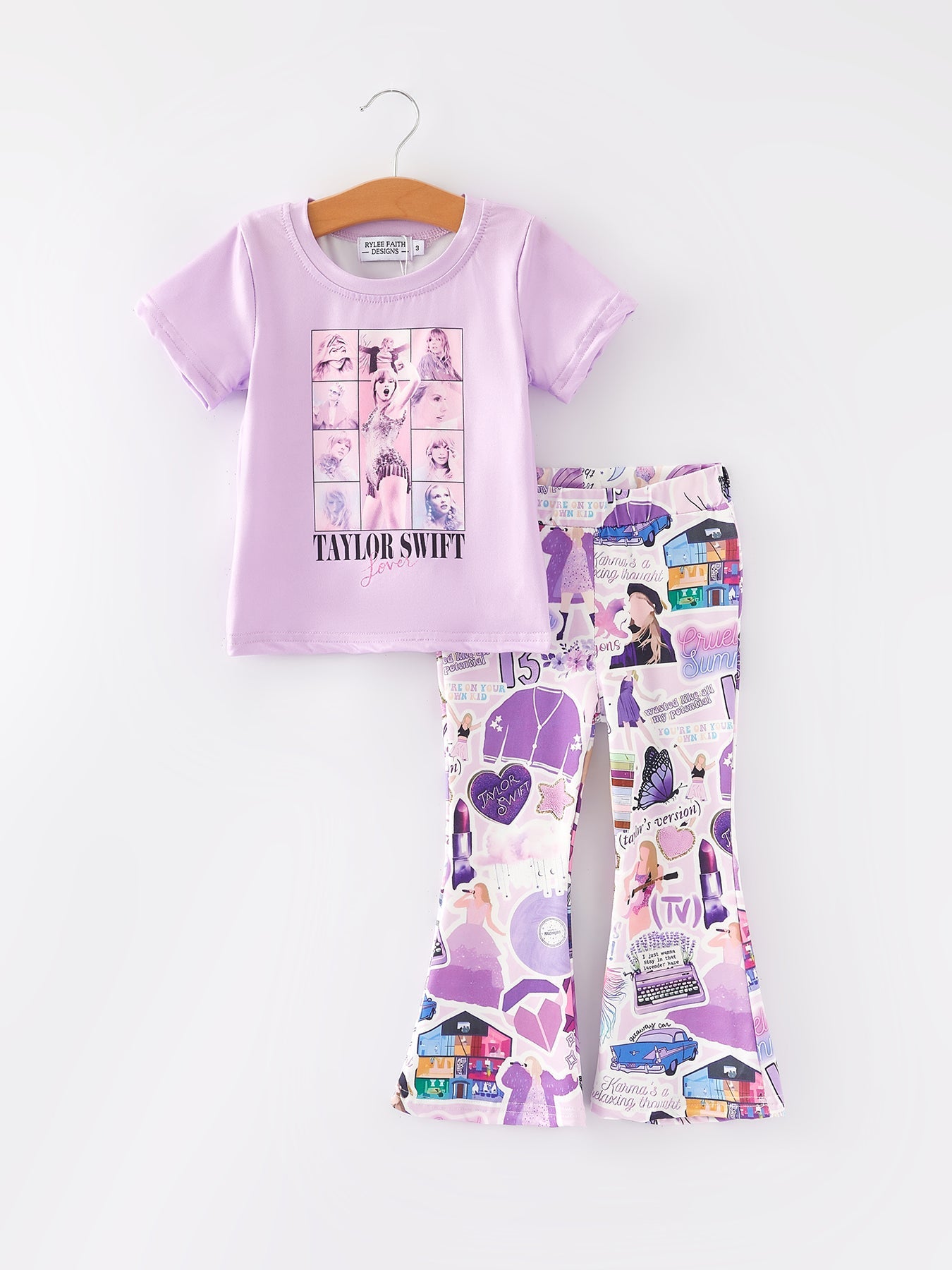 Children's outfit with a purple t-shirt and patterned pants on a white background