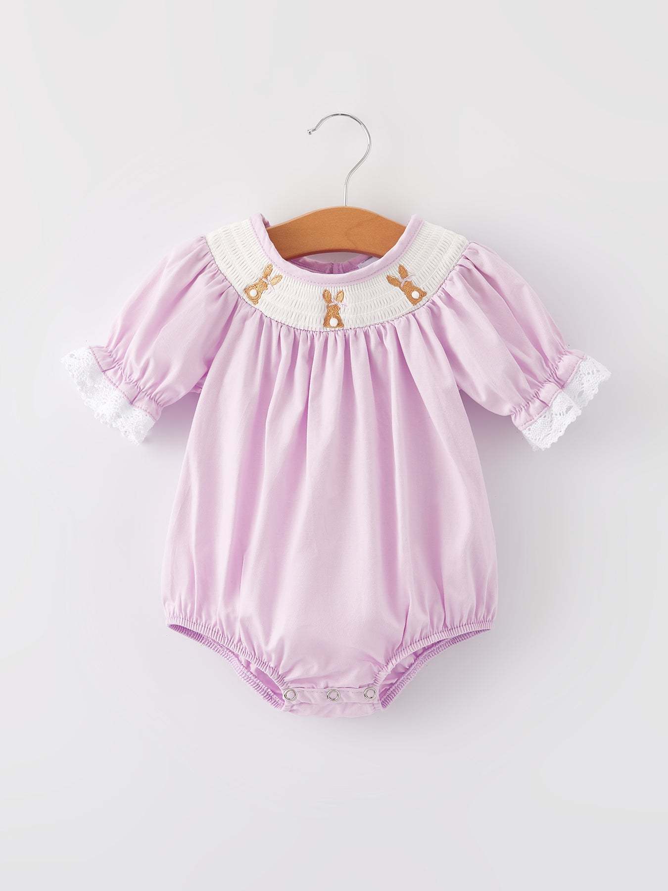 Girls Easter Bunny Smocking Embroidered Lace Cuff Purple Romper