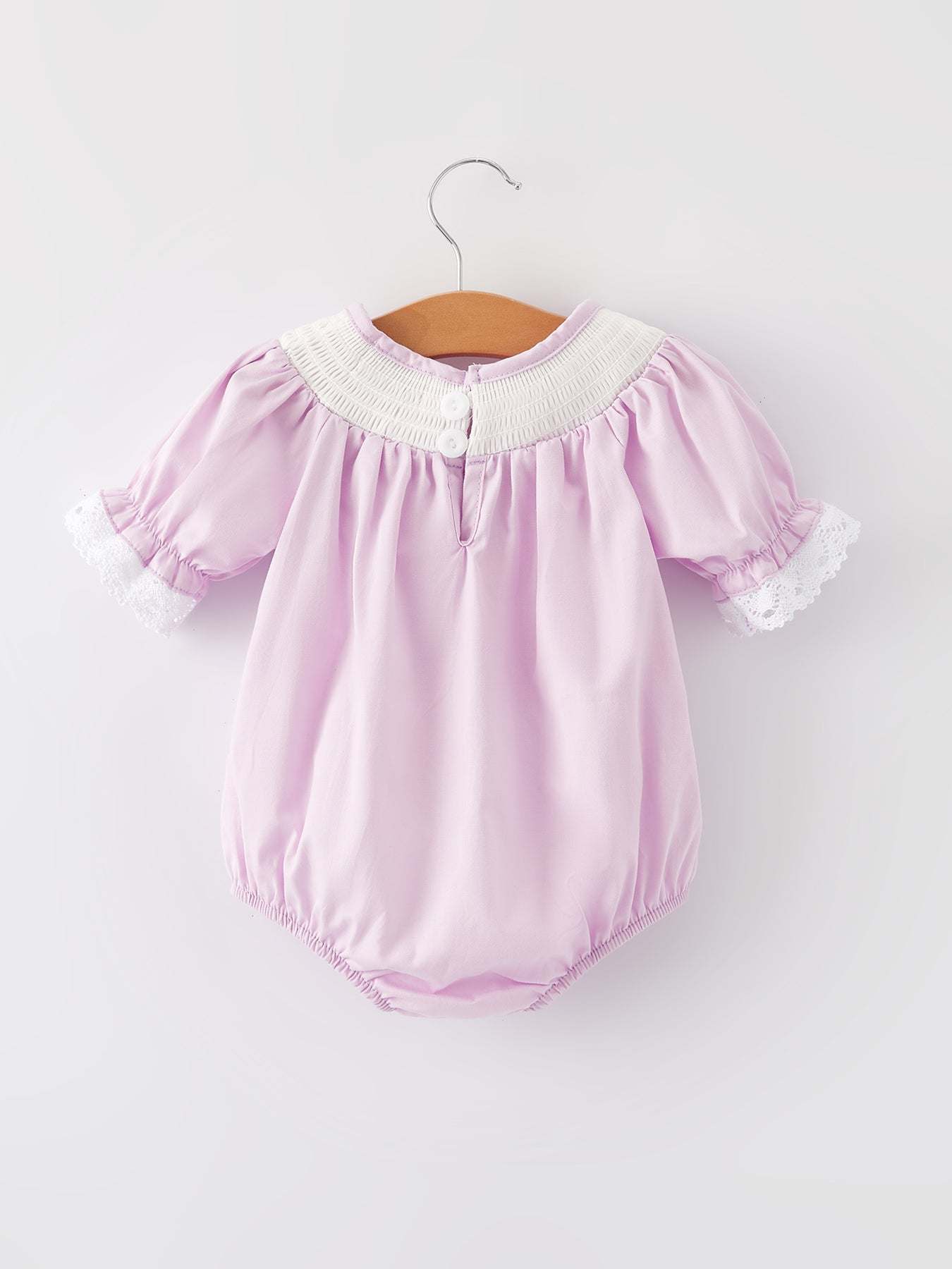 Girls Easter Bunny Smocking Embroidered Lace Cuff Purple Romper
