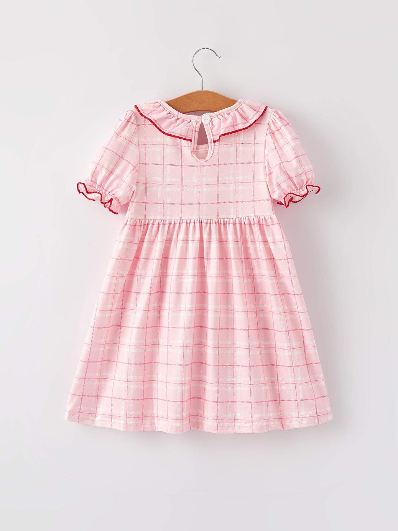 Strawberry Applique Girls Pink Plaid Dress detail view