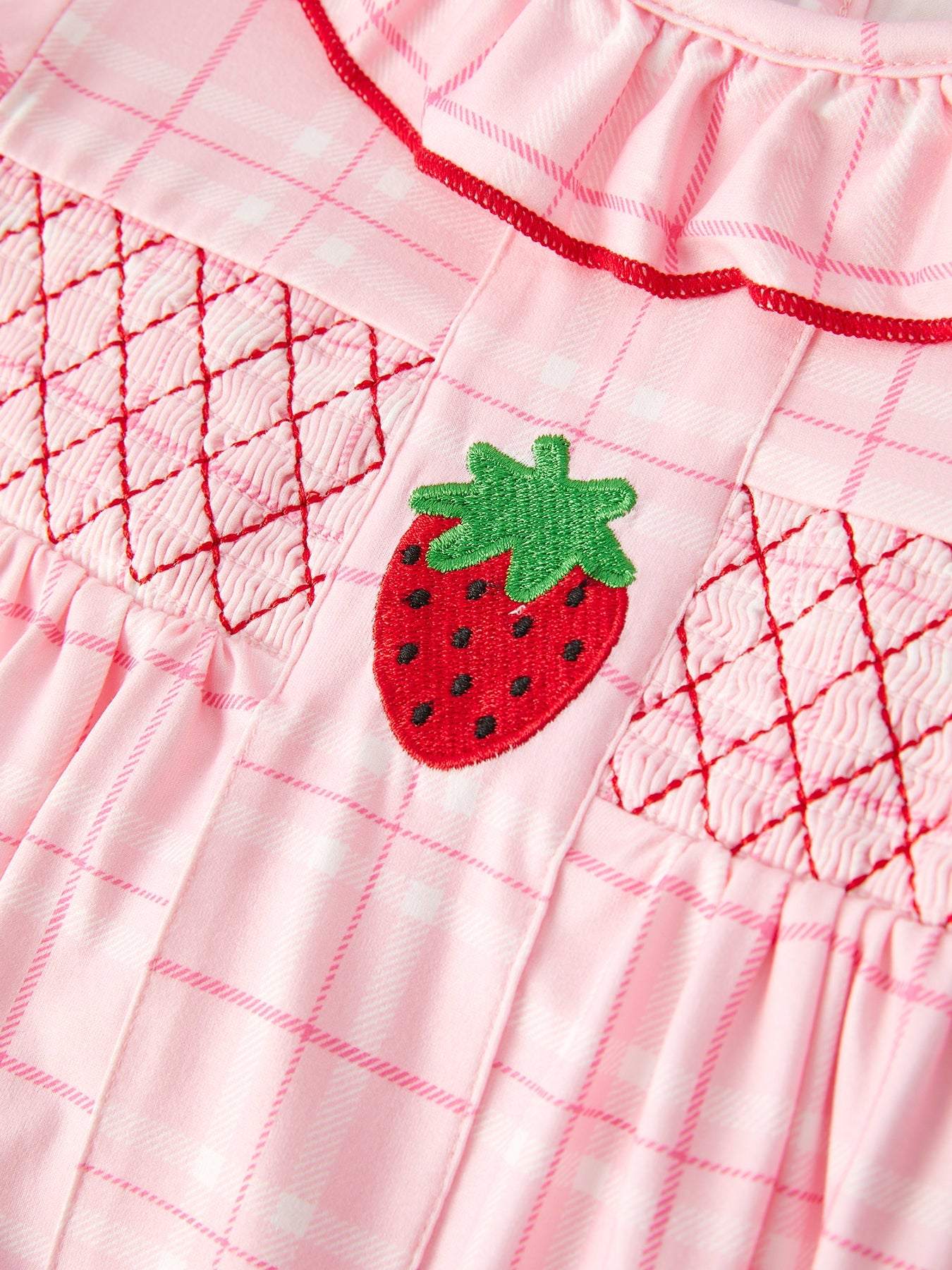 Strawberry Applique Girls Pink Plaid Dress back view