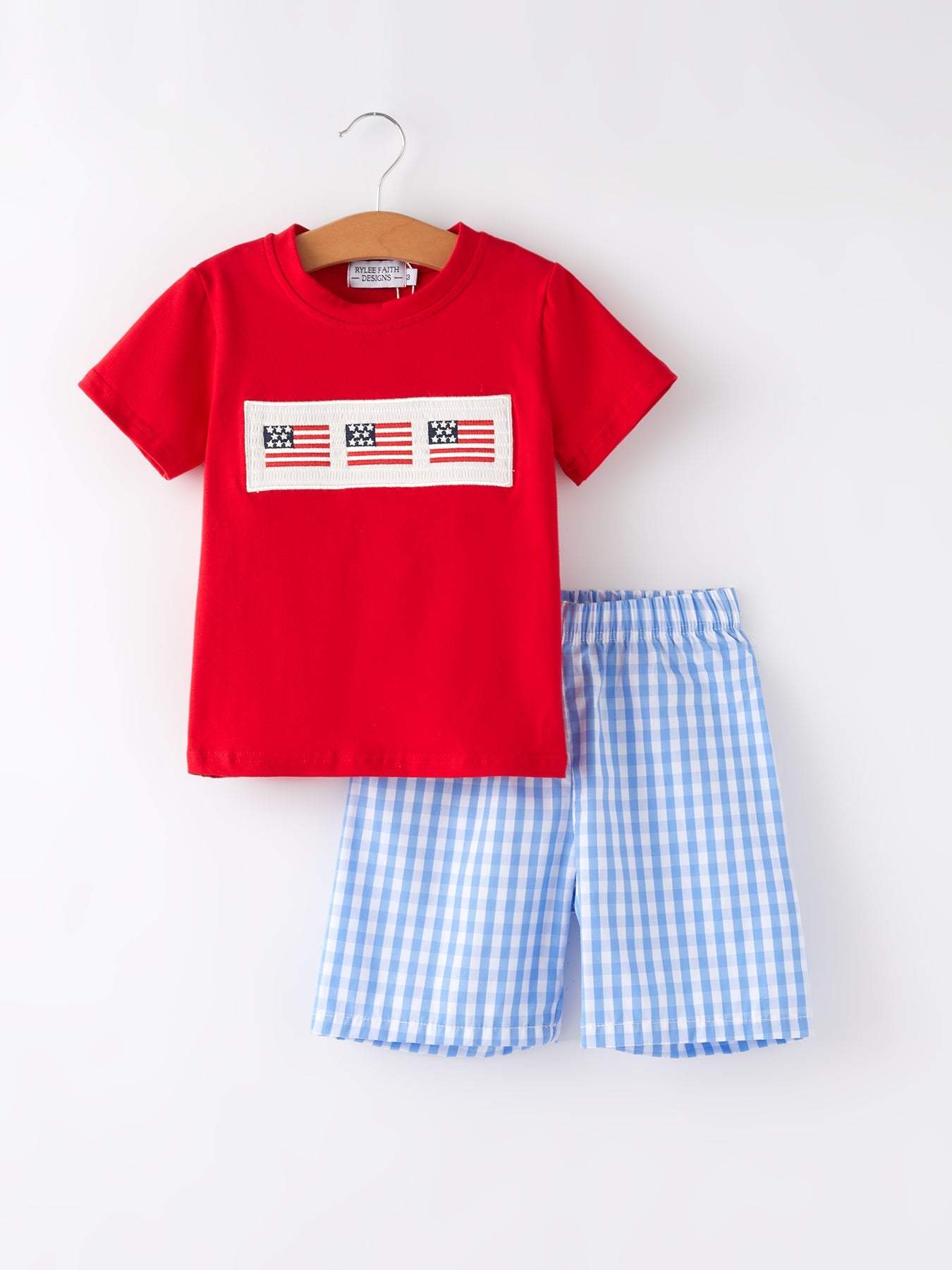 4th of july Flag Embroidery Smocking Boys Set outfit, print and pattern detail