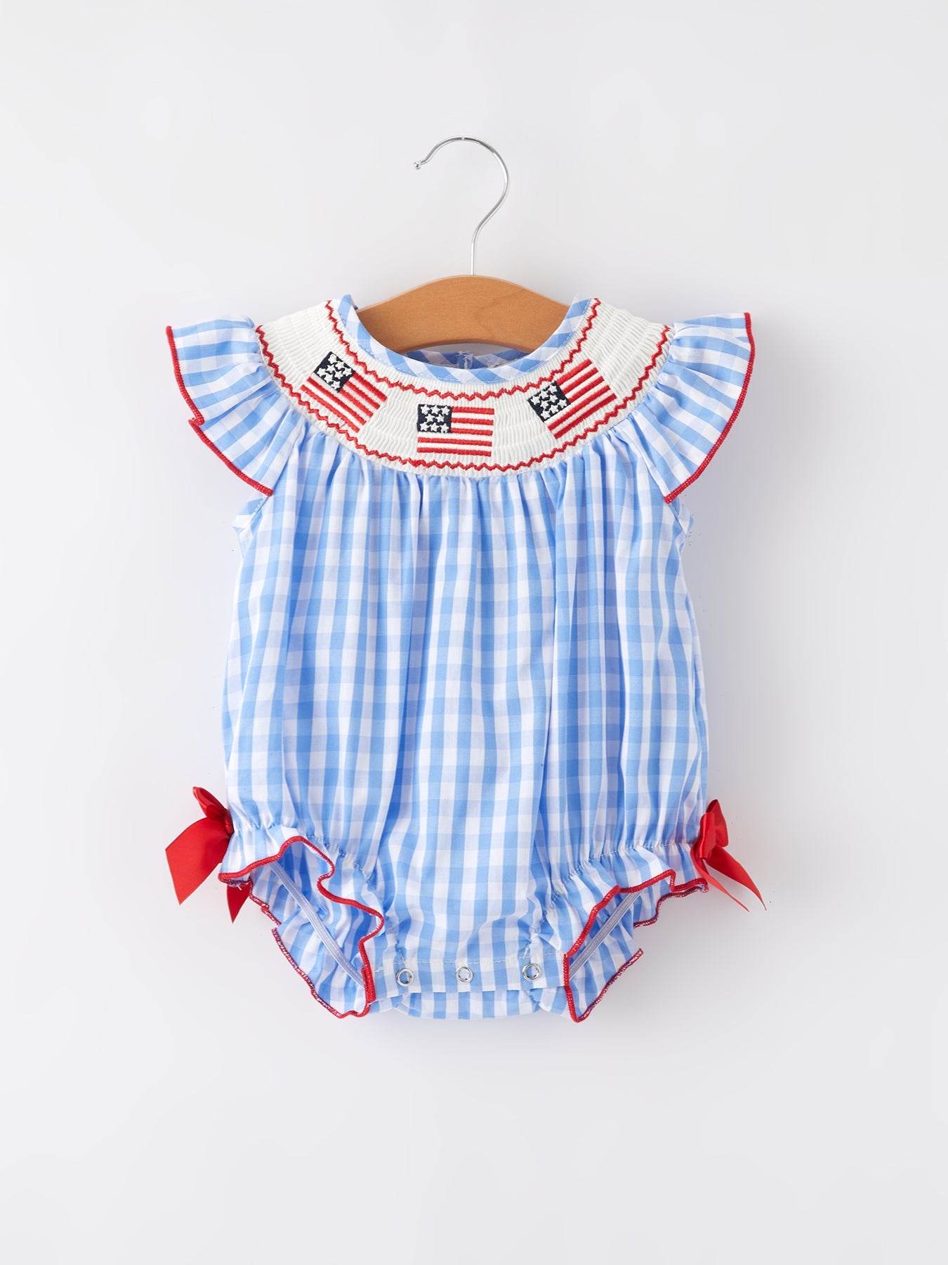 4th of july Flag Embroidery Smocking Girls Romper, styling detail
