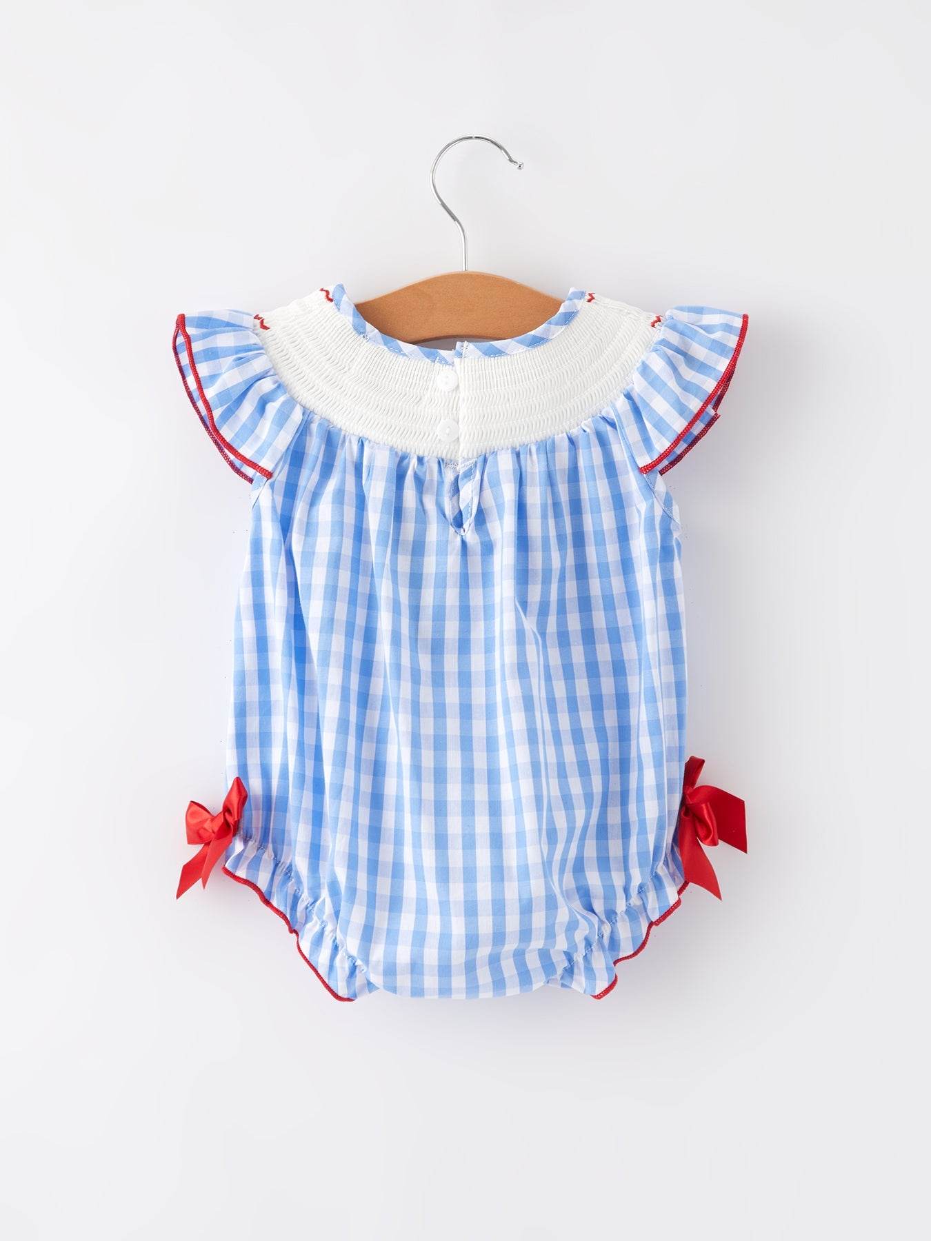 4th of july Flag Embroidery Smocking Girls Romper, full length view