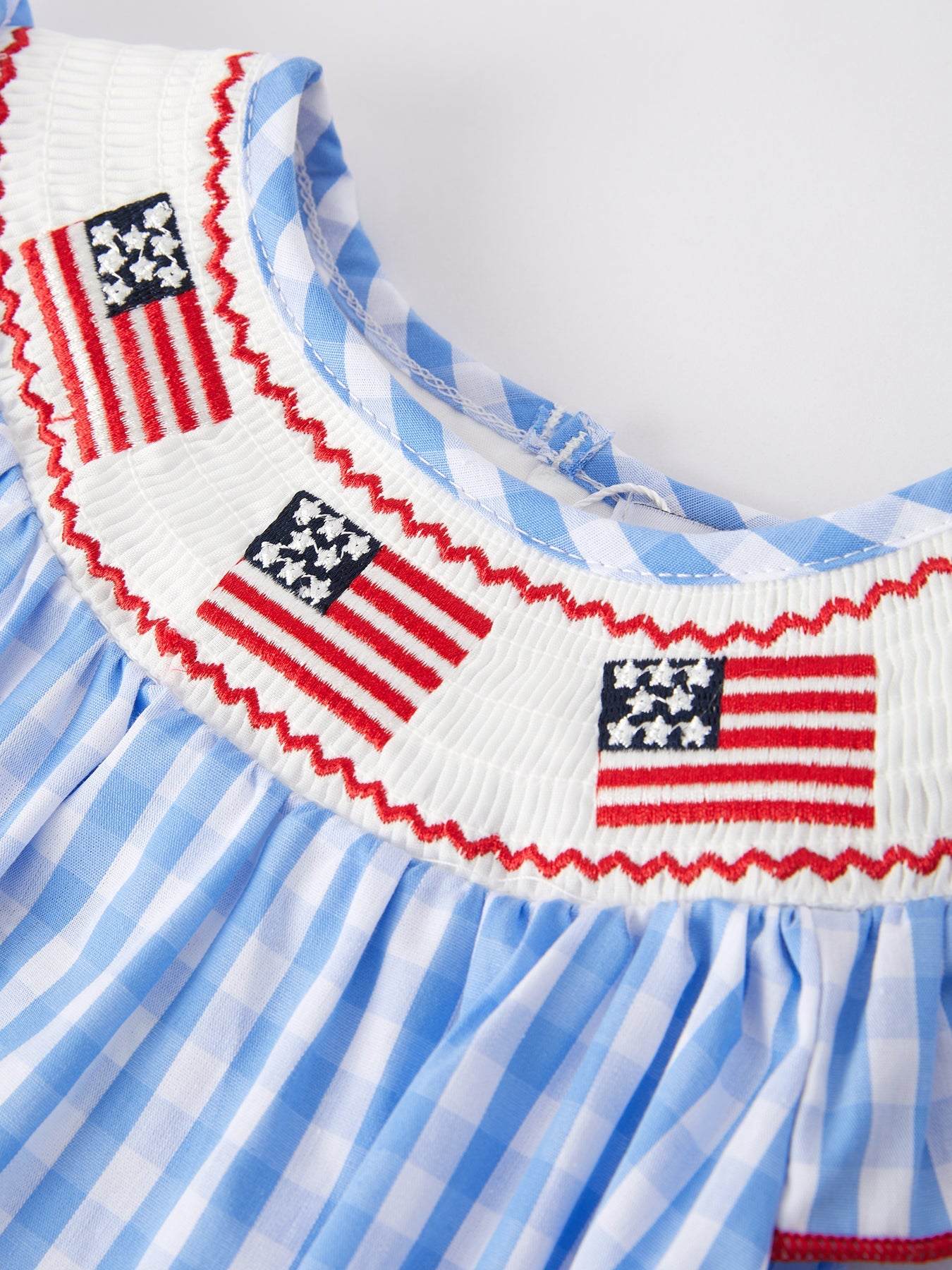 4th of july Flag Embroidery Smocking Girls Romper, print and pattern detail